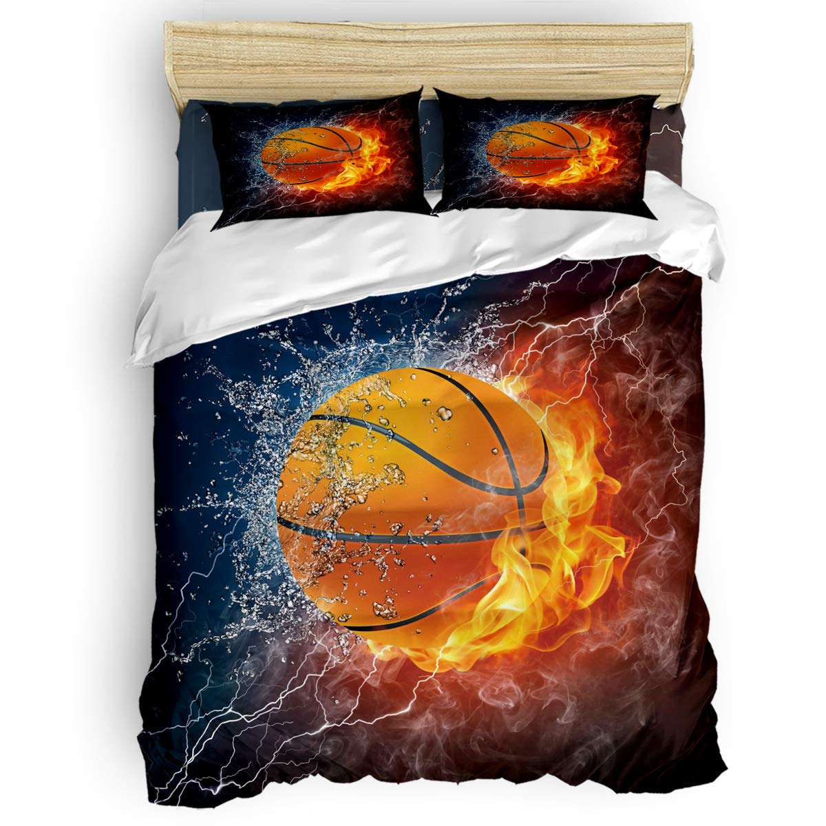 4-Piece Basketball Themed Bedding Set - Flaming Basketball Comforter, Duvet Cover, Bed Sheets & Pillowcases for Kids, Teens & Adults - Queen Size Sports Bedding for Boys & Girls - Perfect for Game Rooms, Dorm Rooms & Sports-Themed Bedrooms
