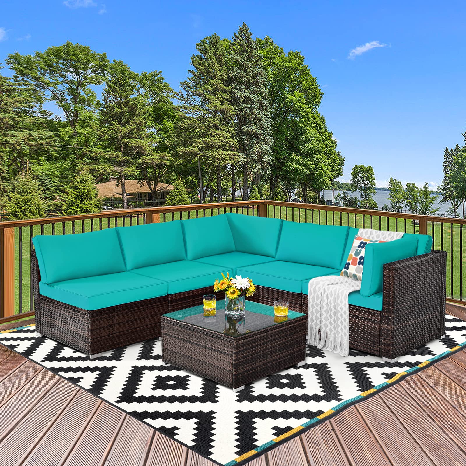 Tangkula 6-Piece Outdoor Patio Furniture Set - All-Weather Wicker Sofa with Cushions & Glass Coffee Table - Rattan Sectional Conversation Set for Backyard, Garden, Poolside & Deck (Beige)