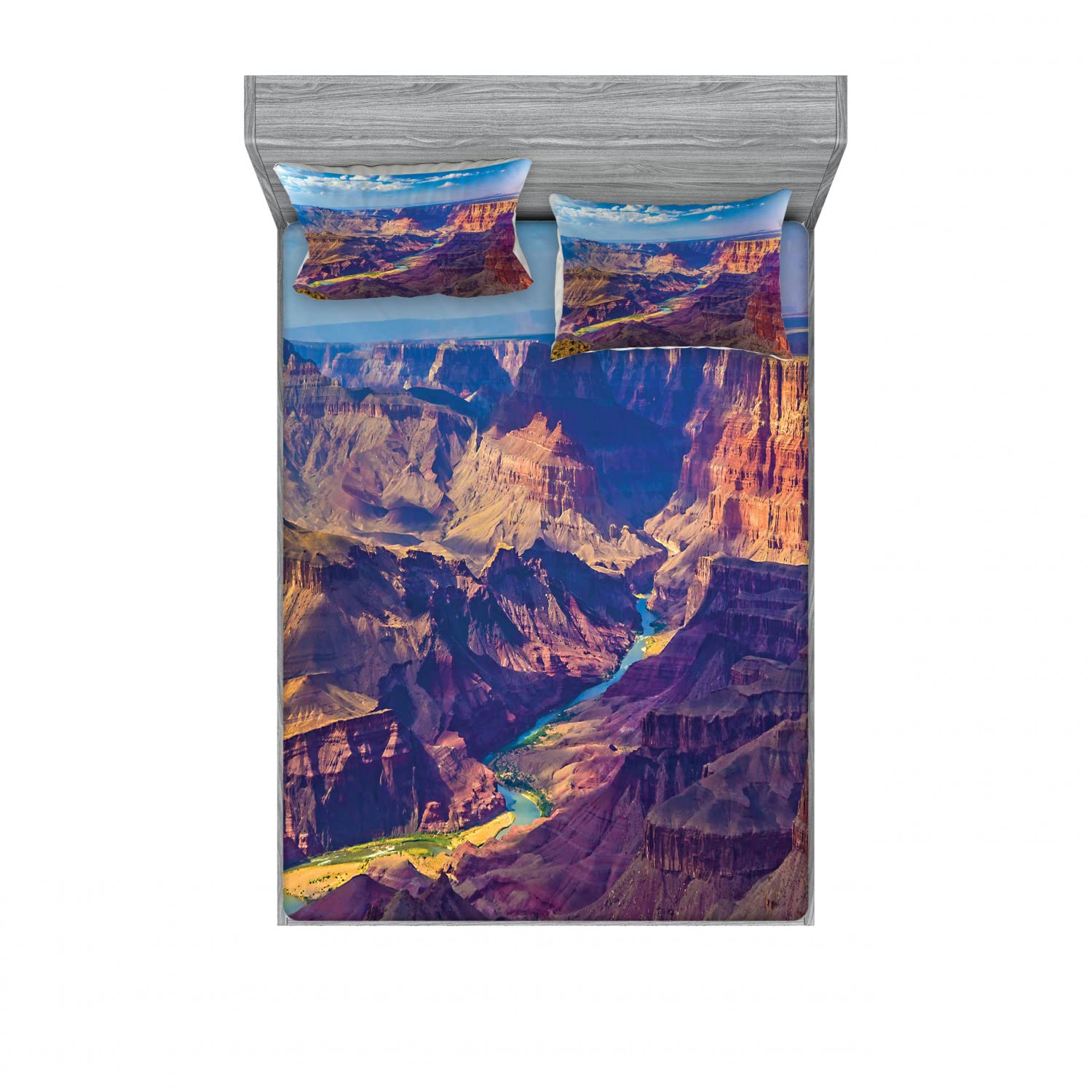 Ambesonne 2-Pack Queen Size Fitted Sheet Set with 4 Pillow Shams - Grand Canyon Sunrise Design in Blue & Tan | Soft Bedding Collection for Master Bedroom, Guest Room & Vacation Homes