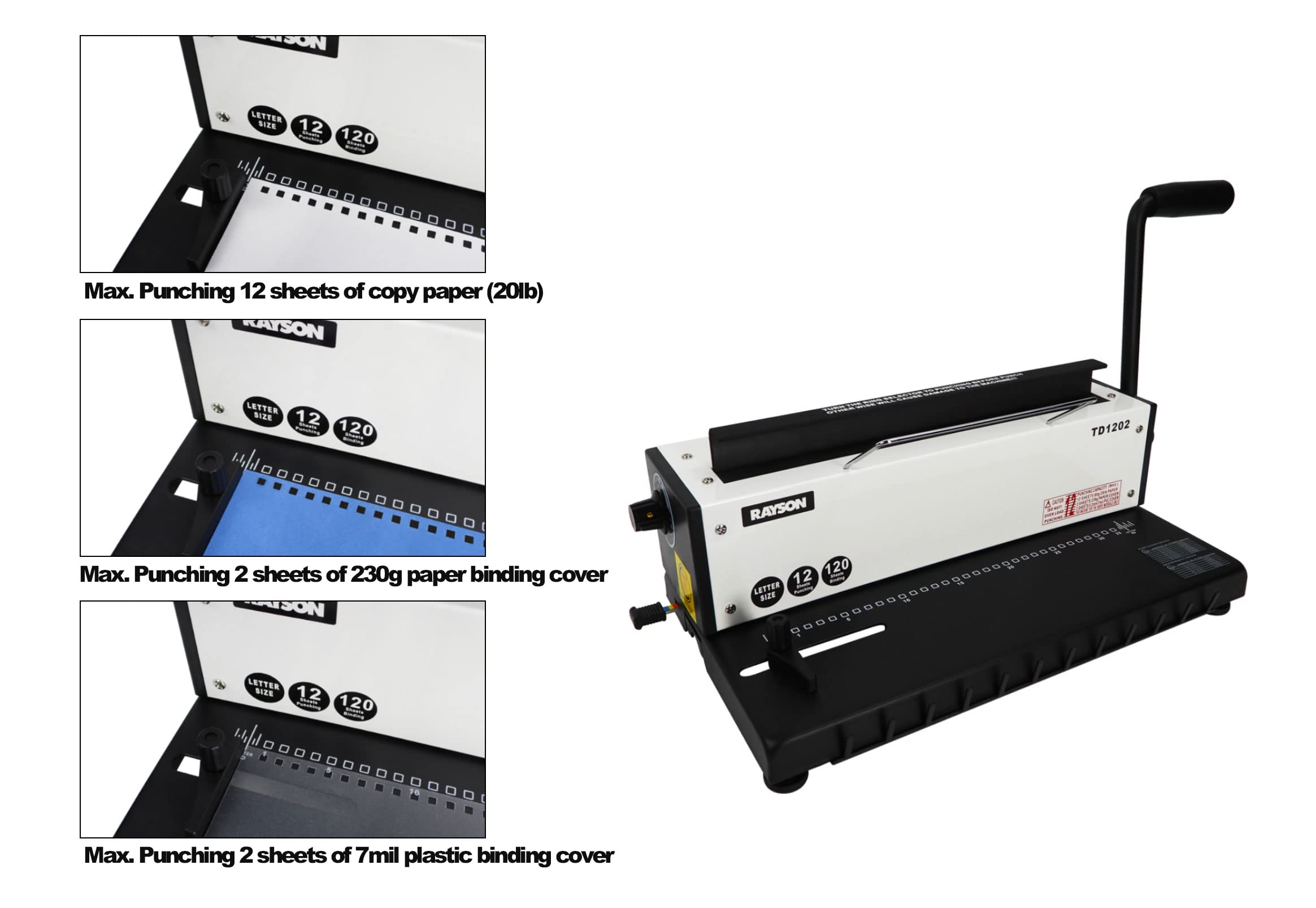 Rayson TD1202 3:1 Pitch Wire Binding Machine - 12 Sheet Punching Capacity & 120 Sheet Binding Capacity | Heavy Duty Metal Construction | Perfect for Office Documents, Reports, Presentations & Book Binding