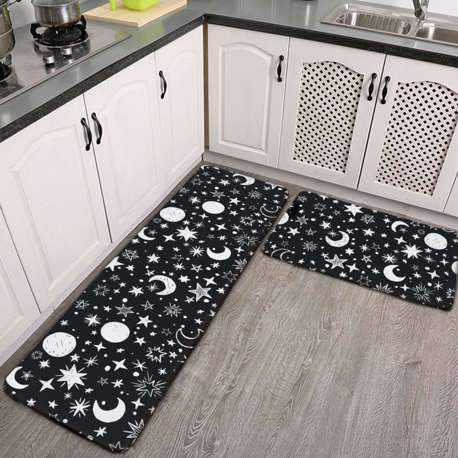 Black and White Moon & Star Pattern Non-Slip Kitchen Rug Set - 2-Piece Washable Flannel Floor Mats for Kitchen, Bathroom, Laundry Room - Soft Runner Rugs for Home Decor & Safety (One Size)