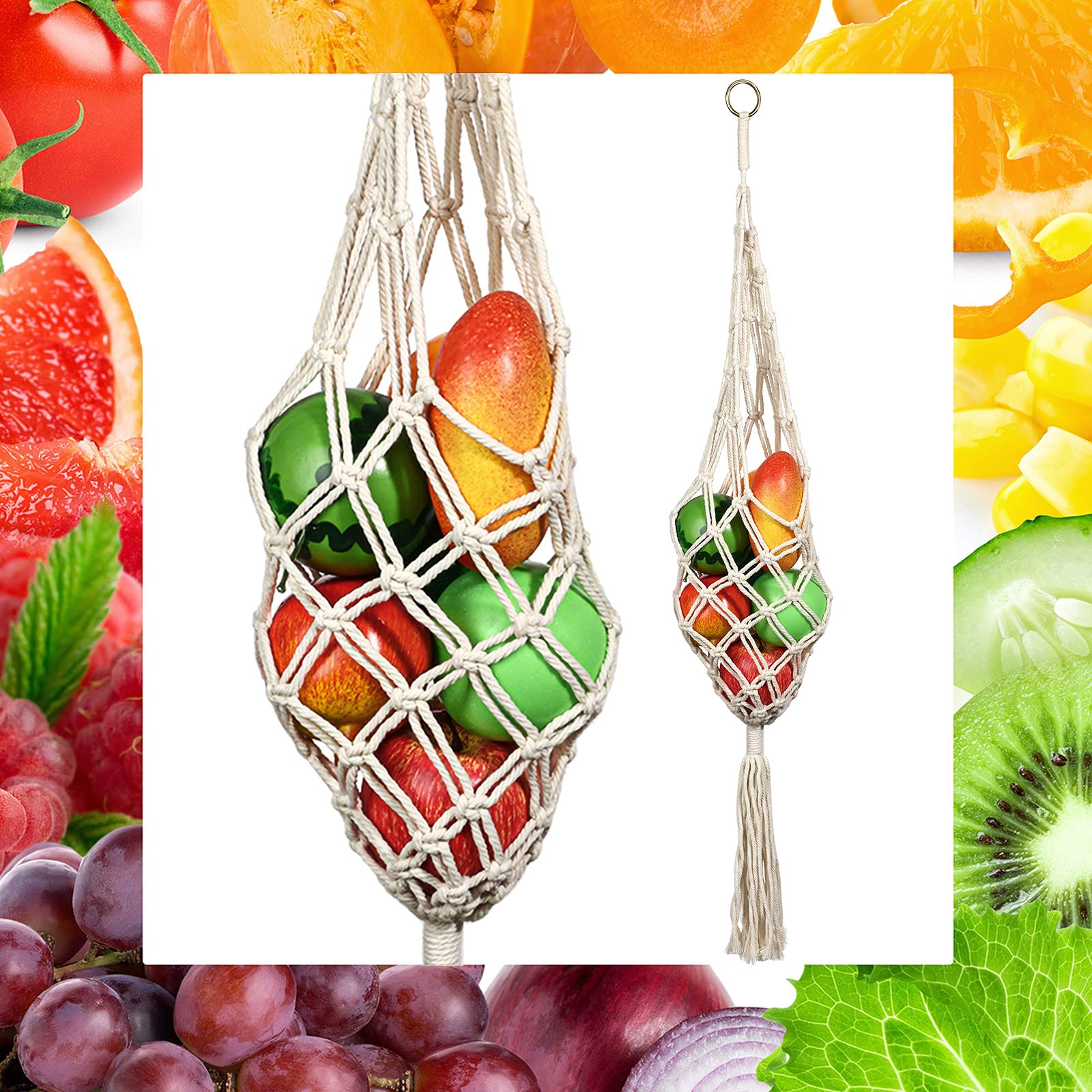Geiserailie 2-Pack Macrame Hanging Fruit Basket - Breathable Storage for Potatoes, Onions & Produce - Boho Kitchen Decor for Pantry, Farmhouse & Organic Food Display
