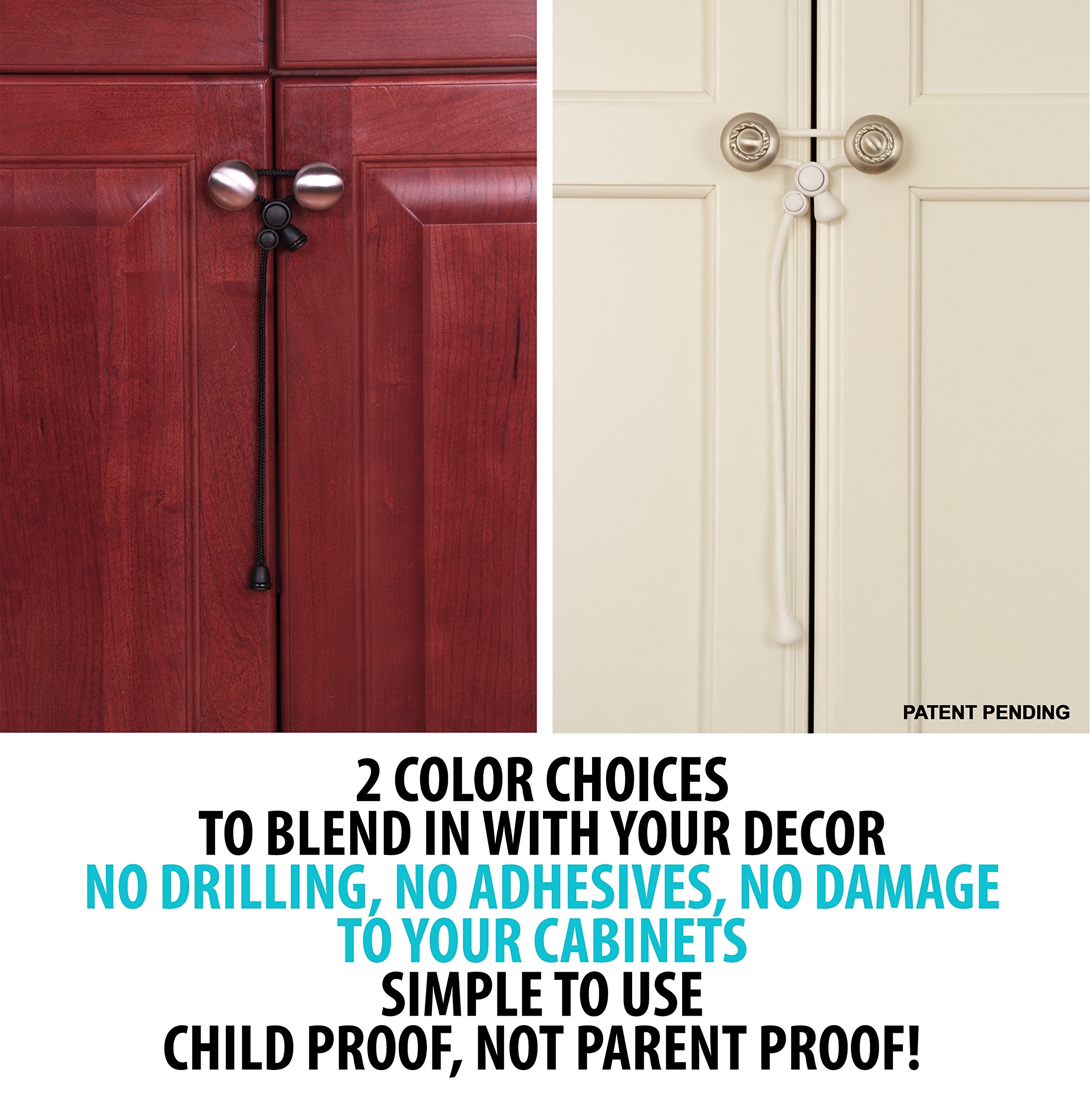 Baby Safety Cabinet Locks - Child Proof Cabinet Latches for Knobs, No Drill No Screw No Adhesive Home Safety Straps (White) - Perfect for Kitchen, Bathroom, RV & Nursery Childproofing