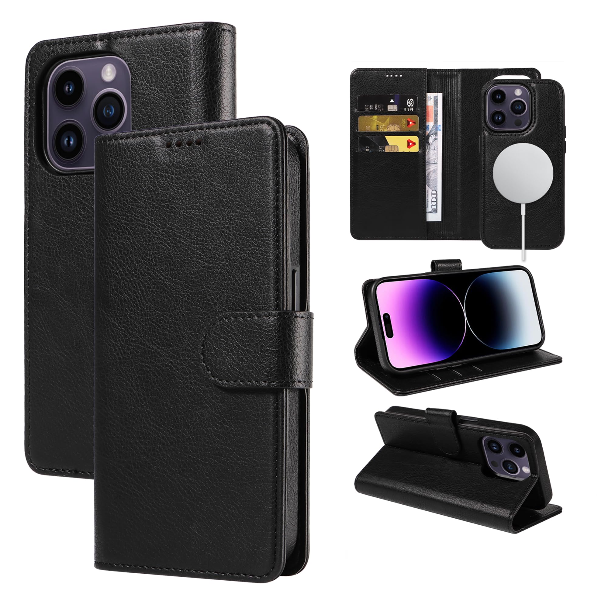 CLANVITORIA iPhone 13 Pro Case 6.1 Inch | Premium PU Leather Magnetic Flip Wallet Case with Card Slots | Protective Cover for Women & Men (Black) | Perfect for Work, Travel & Everyday Use