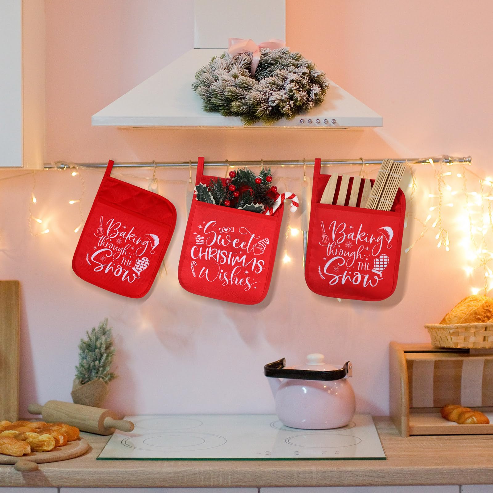 Yaomiao 10 Pcs Christmas Pot Holders with Pockets - Heat Resistant Oven Mitts & Hot Pads for Baking, Cooking, and Kitchen Use - Perfect Holiday Gift (Red, Simple) - Ideal for Holiday Baking, Cookie Exchange, and Festive Kitchen Decor