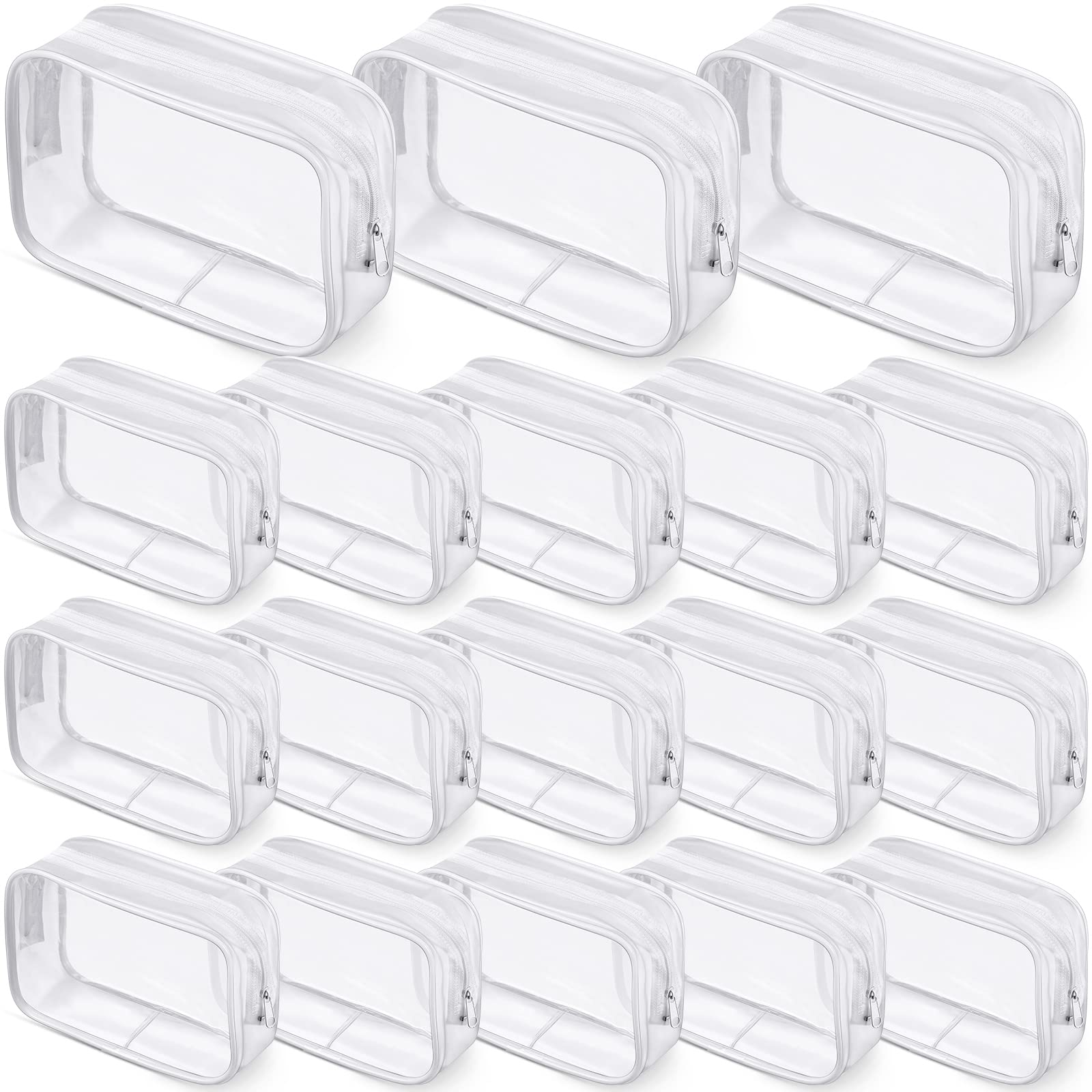 18 Pack Clear Makeup Bags - PVC Plastic Zippered Cosmetic Pouches for Women & Men - Travel Toiletry Organizer for Bathroom, Vacation & Daily Use (White Border)