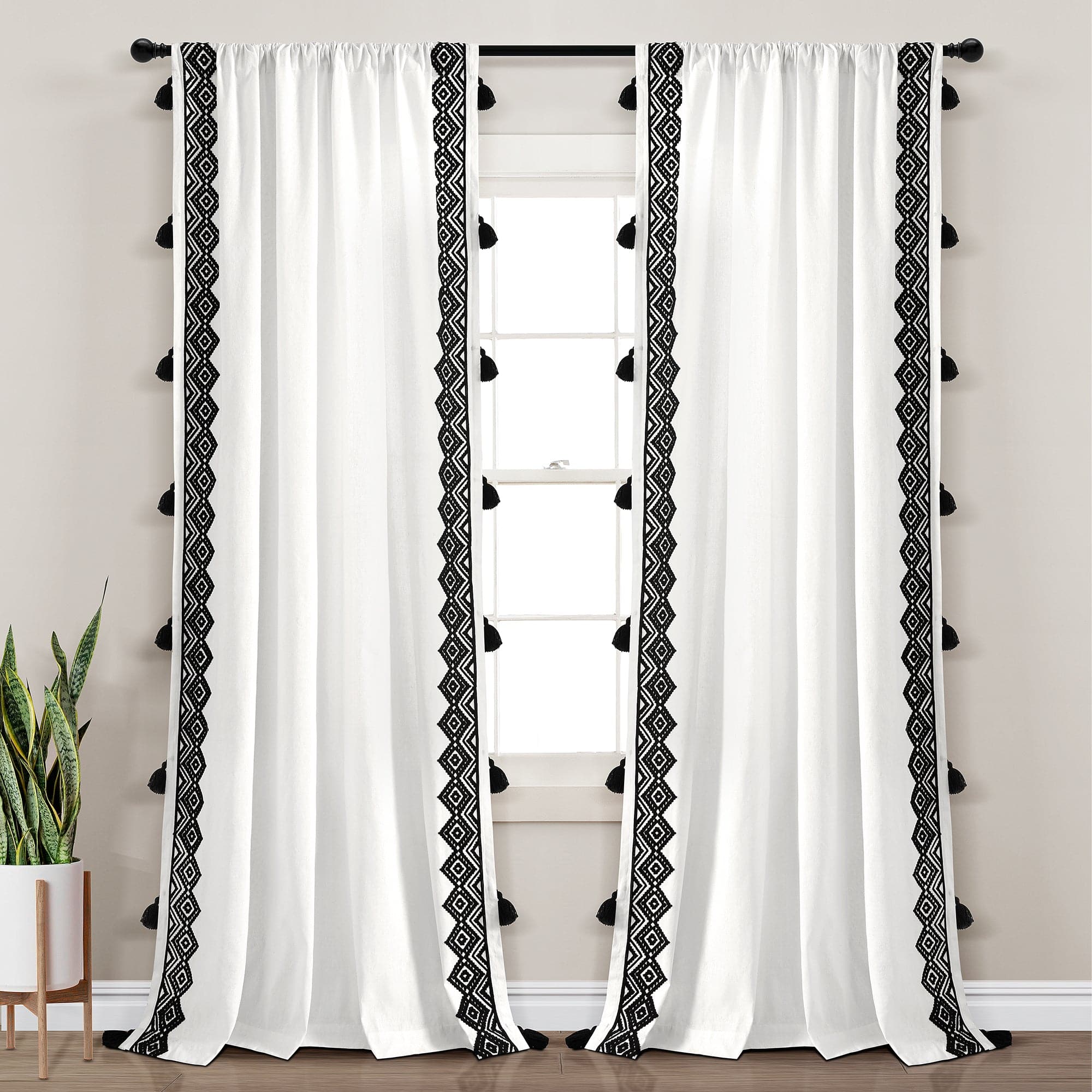 Aztec Diamond Border Tassel Window Curtain Panel - Boho Chic Room Decor for Living Room, Bedroom & Dorm - Light Filtering & Privacy Sheer Curtains