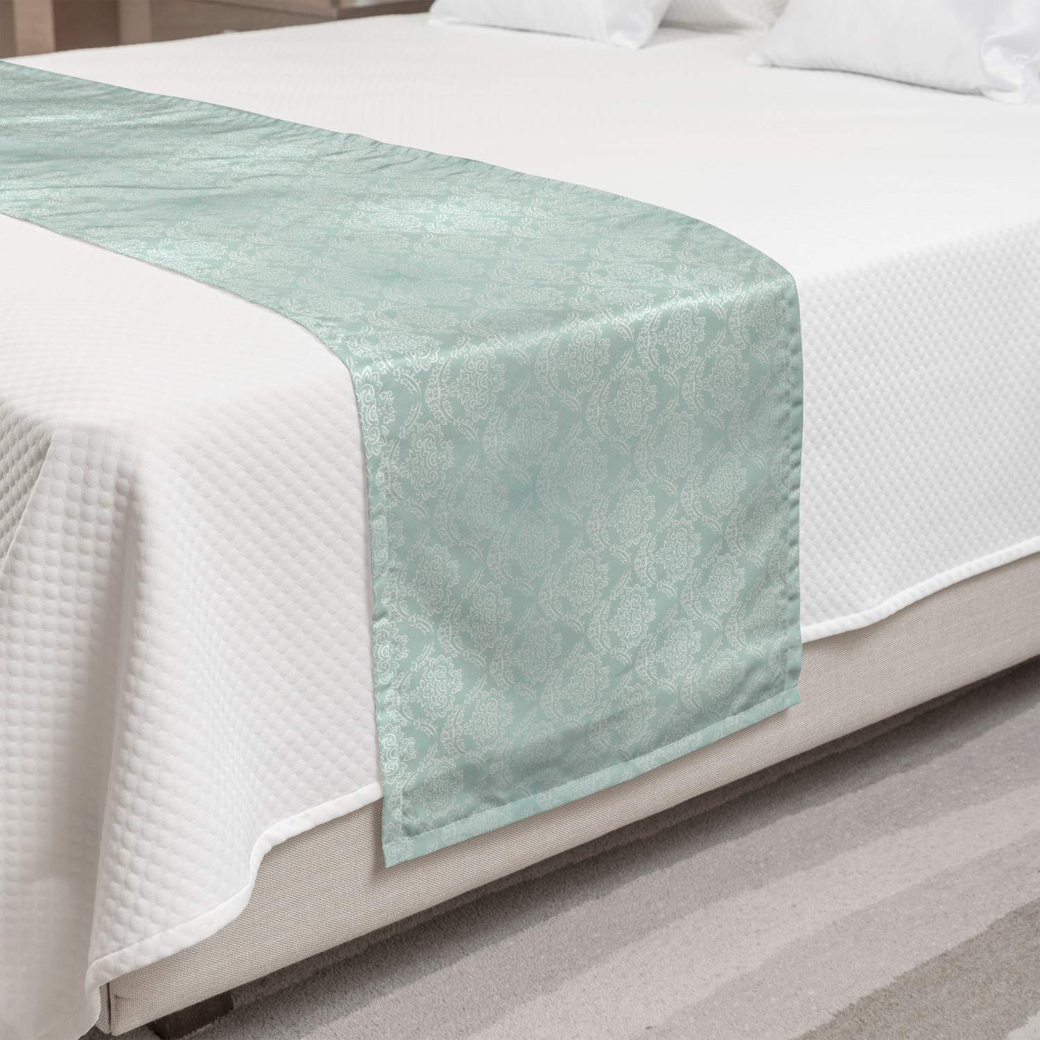 Ambesonne Victorian Bed Runner - Vintage Damask Style with Antique Baroque Foliage Motifs | Decorative Bedding Scarf for Hotels, Homes & Guest Rooms in Almond Green & White | Perfect for Master Bedrooms, Luxury Hotels & Vintage-Themed Decor