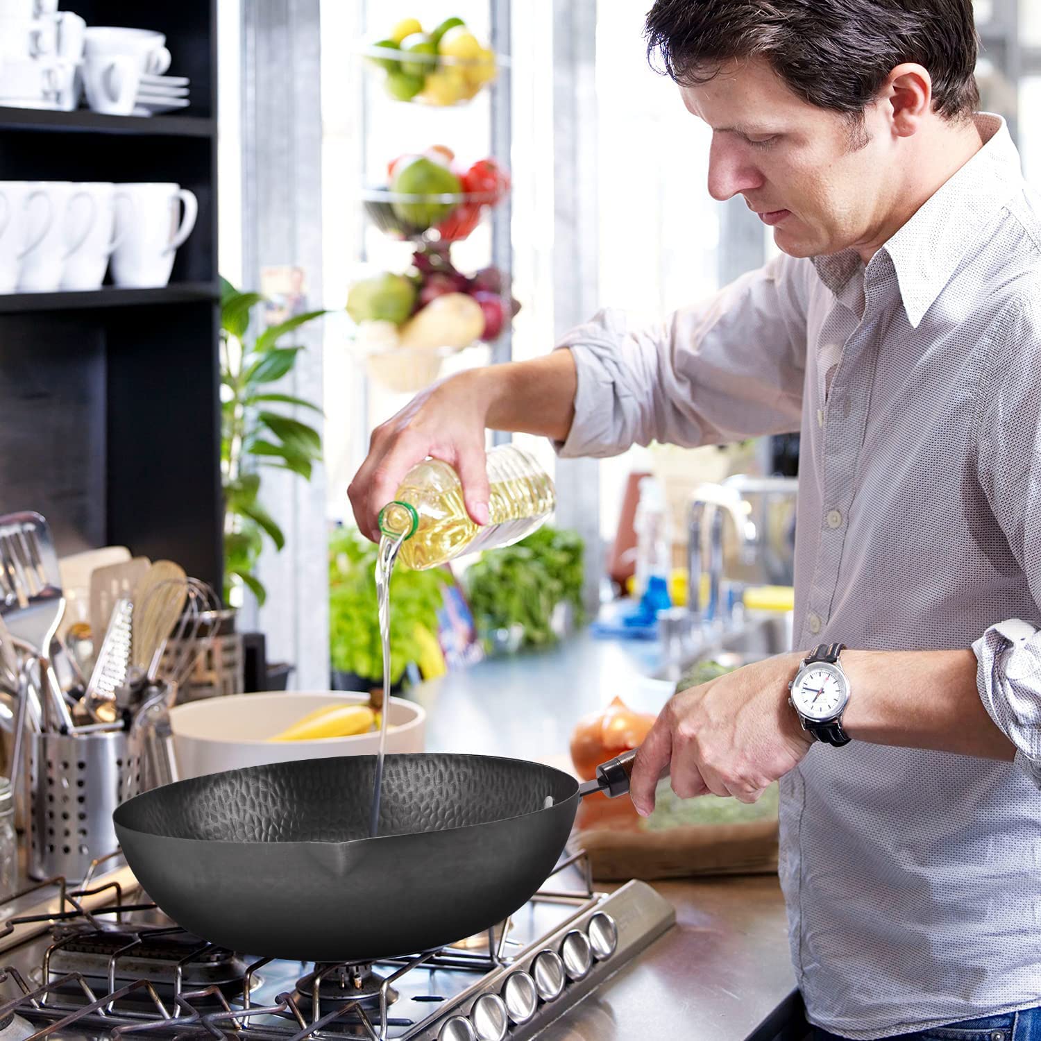 Premium Carbon Steel Wok Pan - 14 Inch Professional Chinese Stir Fry Skillet for Electric, Induction & Gas Stoves - Perfect for Stir-Frying, Deep Frying & Asian Cooking