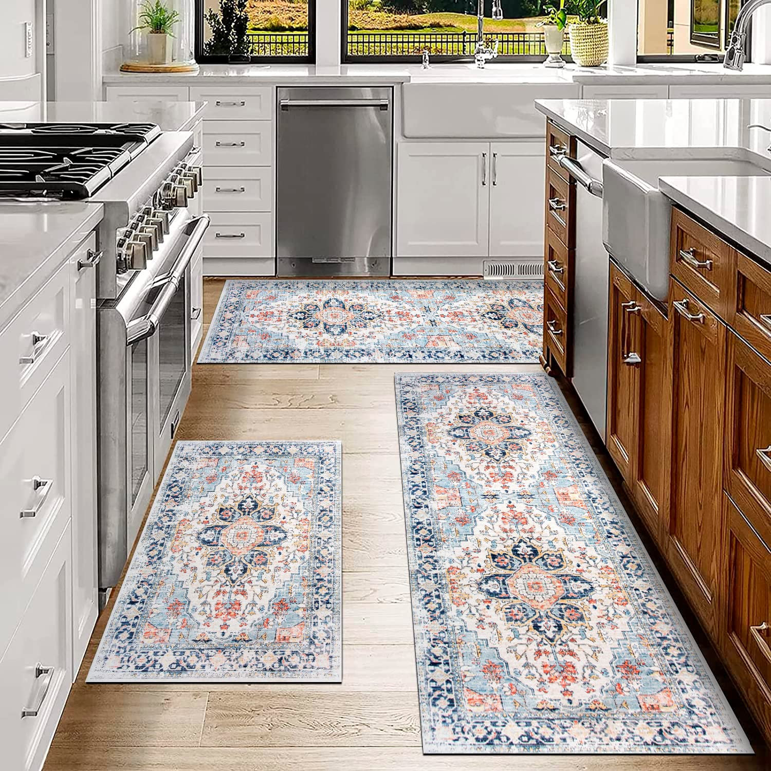 Non-Slip Kitchen Rug Set of 3 with Rubber Backing - Easy Clean Floor Mats for Kitchen, Laundry Room, Entryway & Hallway - Blue & Orange Design for Home Decor & Safety
