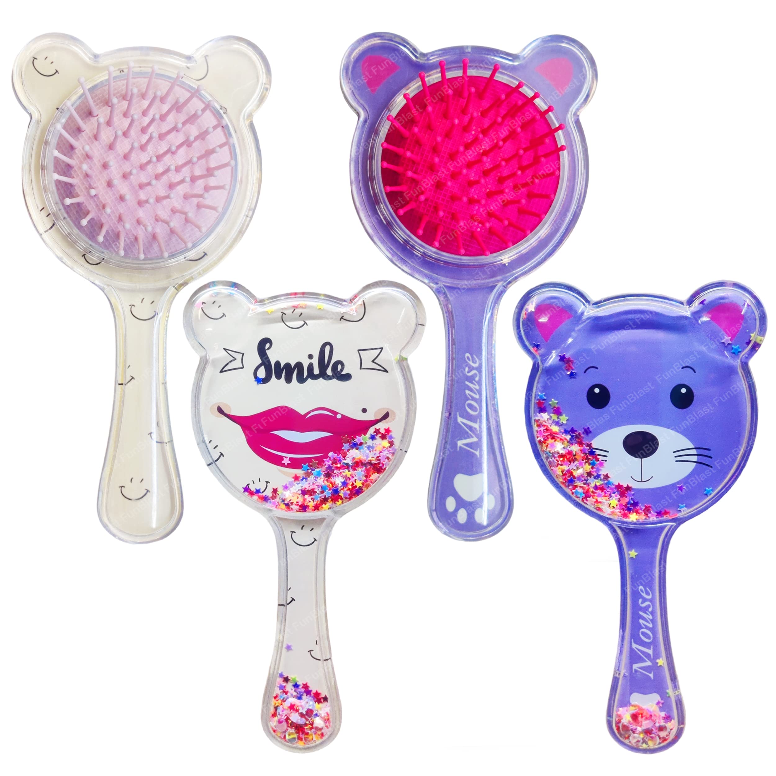 FunBlast 2-Pack Bear Shaped Hair Combs for Girls - Soft Bristle Glitter Hairbrush with Massage Tips, Cute 3D Animal Design Kids Hair Brush (Random Colors) - Perfect for School, Travel & Daily Hair Care