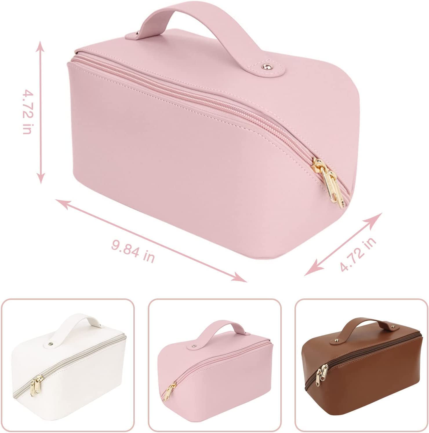 FLOOVI Leather Travel Cosmetic Bag - Waterproof Makeup Organizer with Wide Opening, Handle & Divider - Pink Toiletry Bag for Women & Girls | Perfect for Air Travel, Gym, Weekend Getaways & Daily Essentials Storage