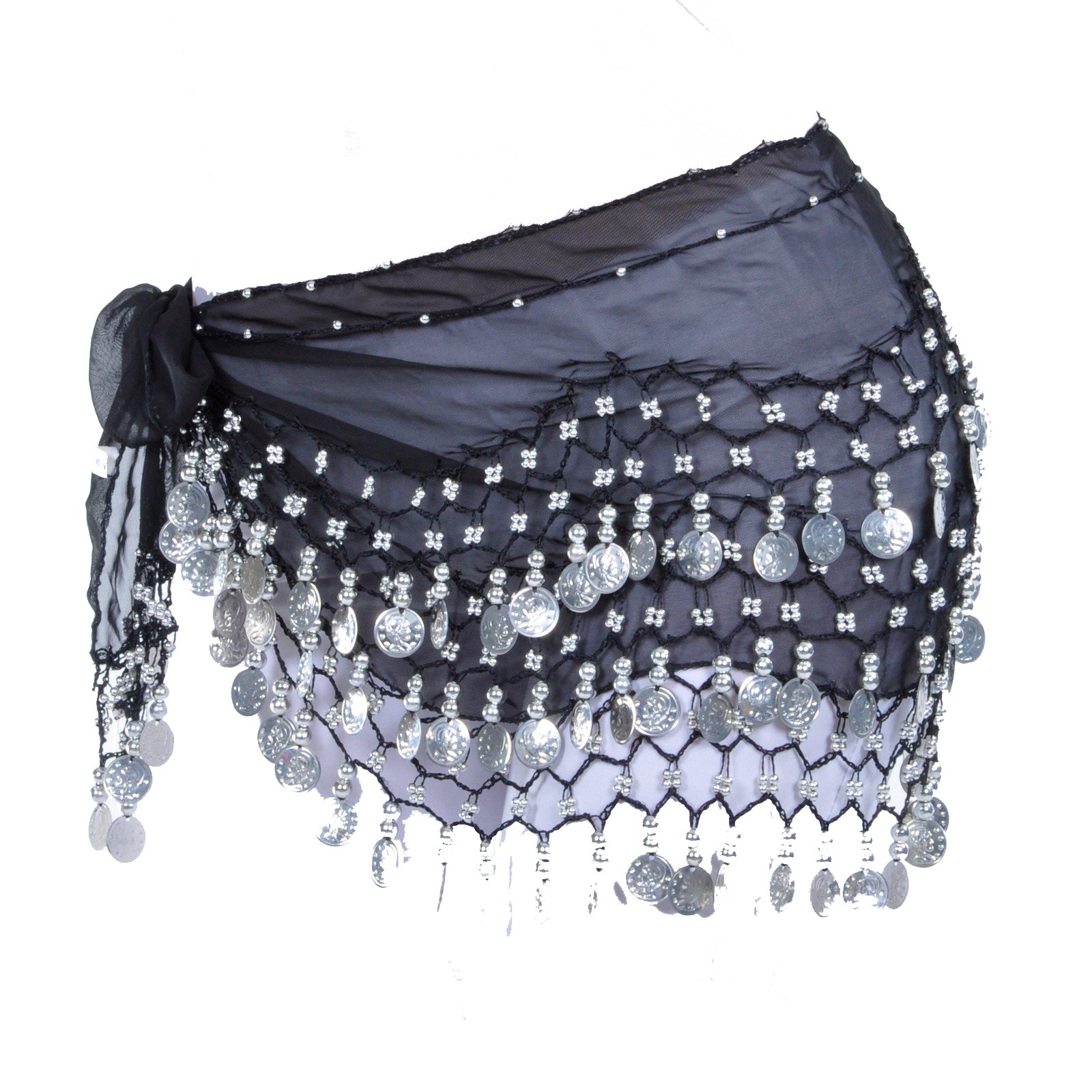 Elegant Chiffon Belly Dance Hip Scarf with Silver Coins - Vogue Style Black for Women | Perfect for Belly Dancing, Yoga, and Festival Performances