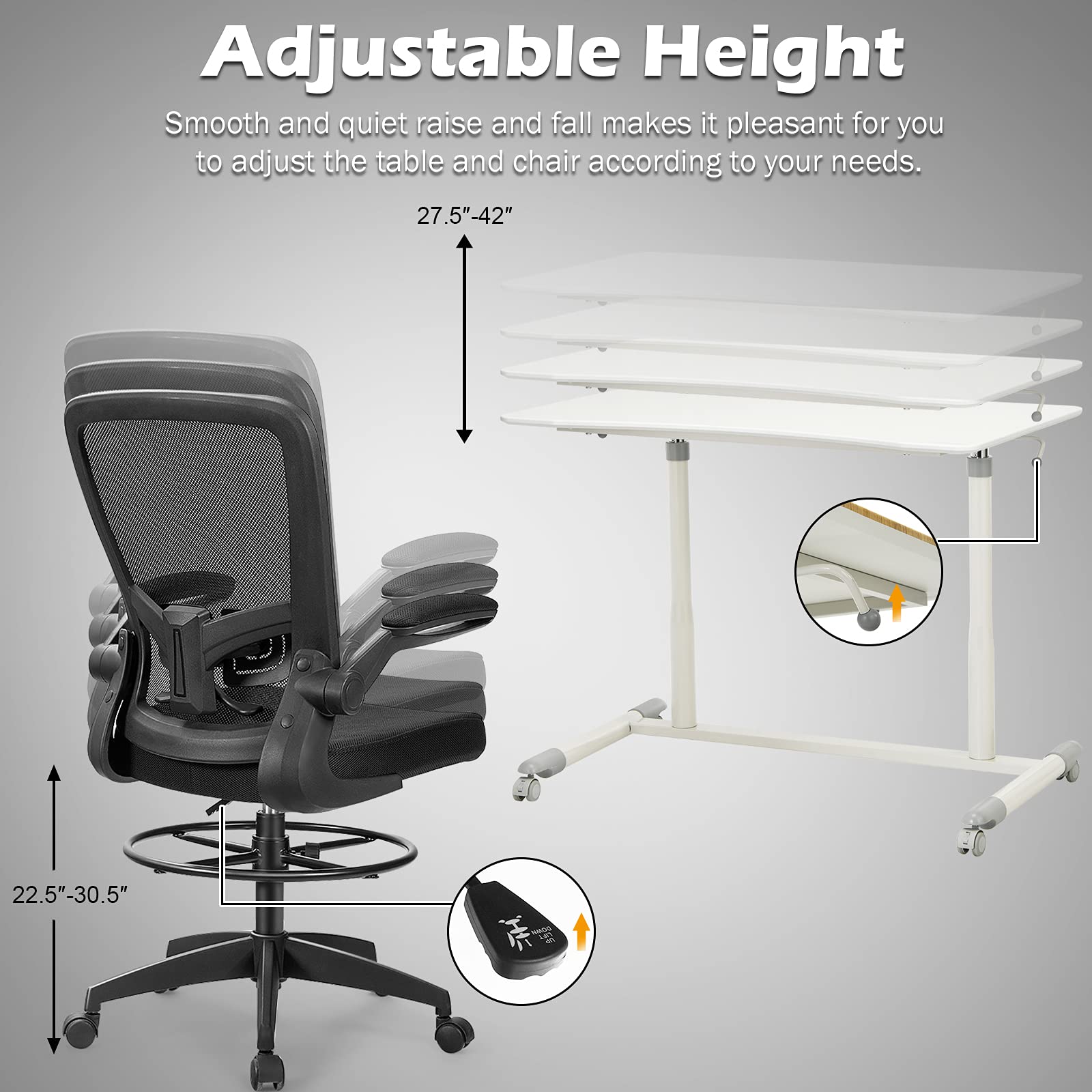 Tangkula Adjustable Height Home Office Desk & Ergonomic Chair Set with Wheels & Lumbar Support - White Computer Desk for Working, Studying, Gaming - Perfect for Small Spaces & Remote Work Setup