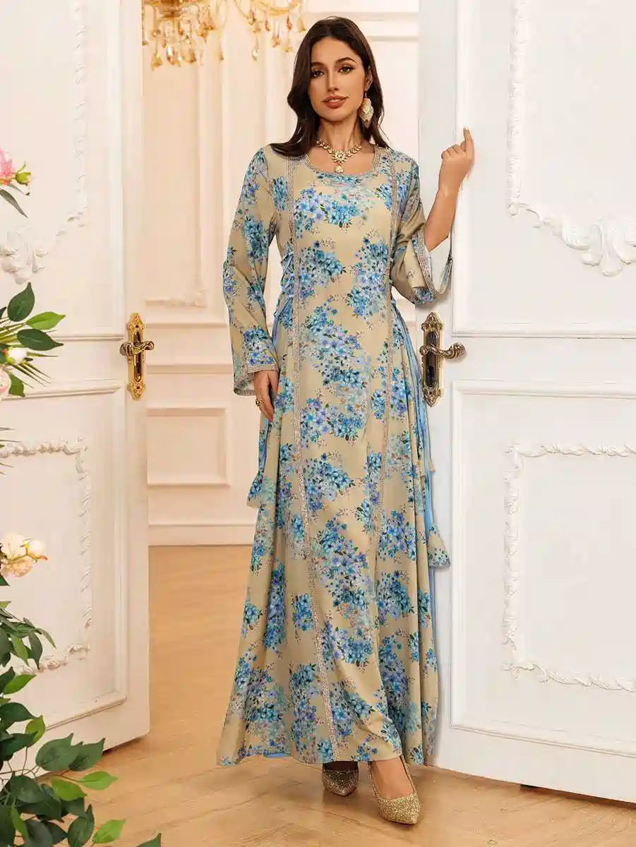 Floral Printed Eid Caftan Dress for Women - Elegant Long Kaftan with V-Neck & Flowy Sleeves #25441 | Perfect for Eid Celebrations, Summer Parties & Beach Cover-Ups