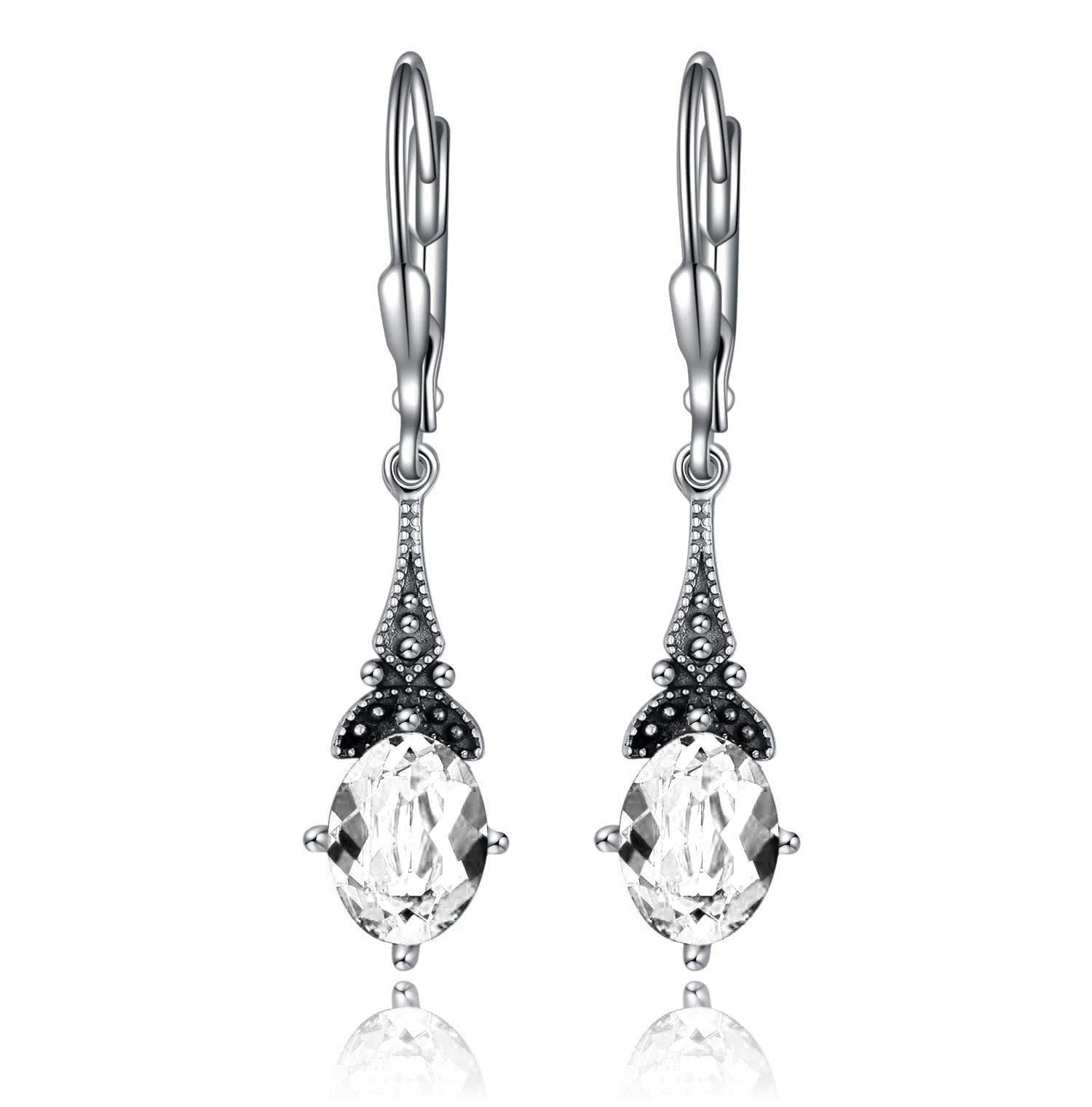 Vintage Sterling Silver Leverback Earrings for Women - 8x6mm Oval Genuine/Simulated Birthstone Crystal Drop Dangle Earrings | Austrian Retro Jewelry | Perfect Birthday Gift for Her | Elegant for Parties, Weddings & Special Occasions