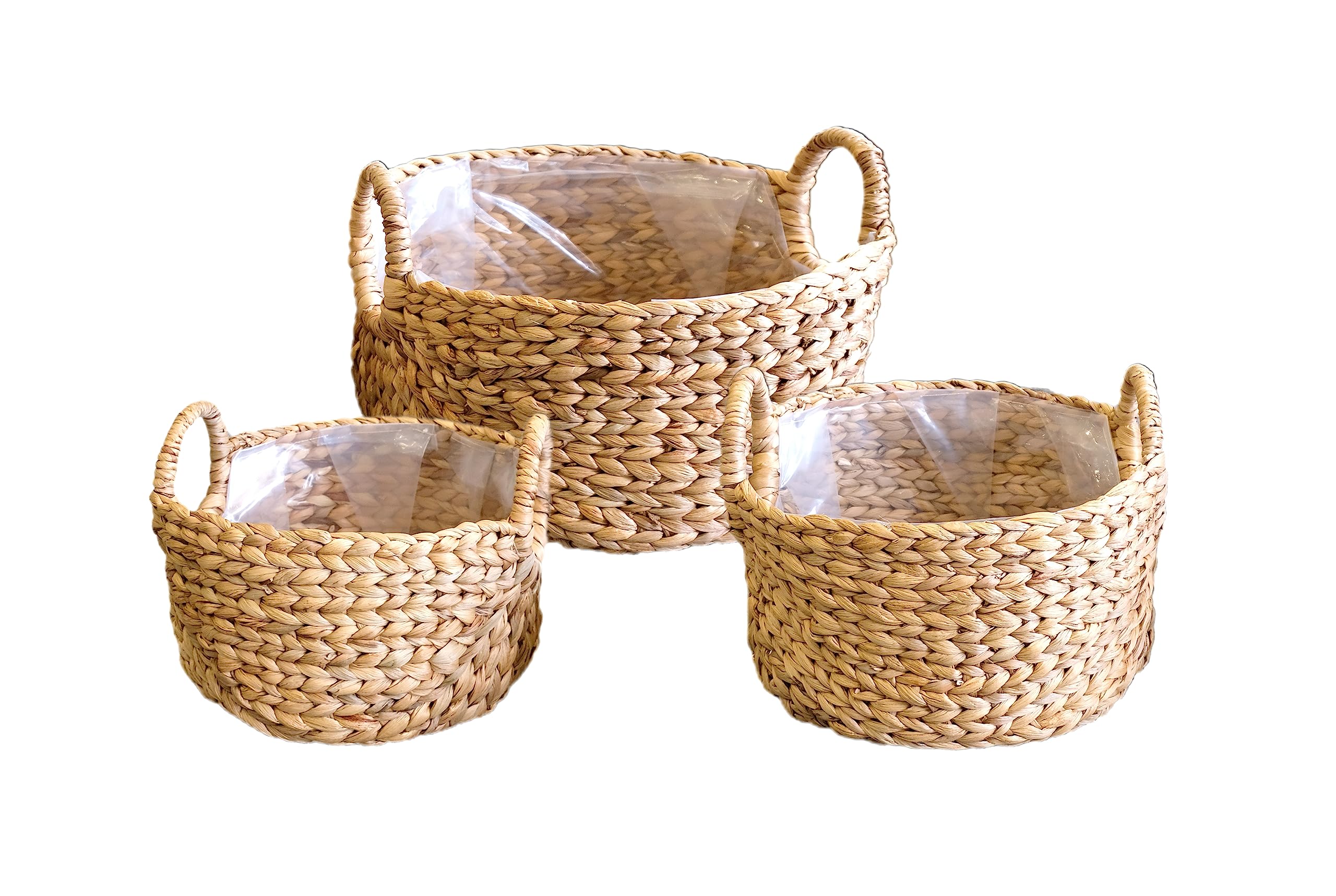 Handwoven Water Hyacinth Storage Baskets with Liners - 3-Pack Brown Wicker Baskets for Home Organization, Planters & Decorative Storage Cubes | Perfect for Living Room, Bedroom & Bathroom Organization