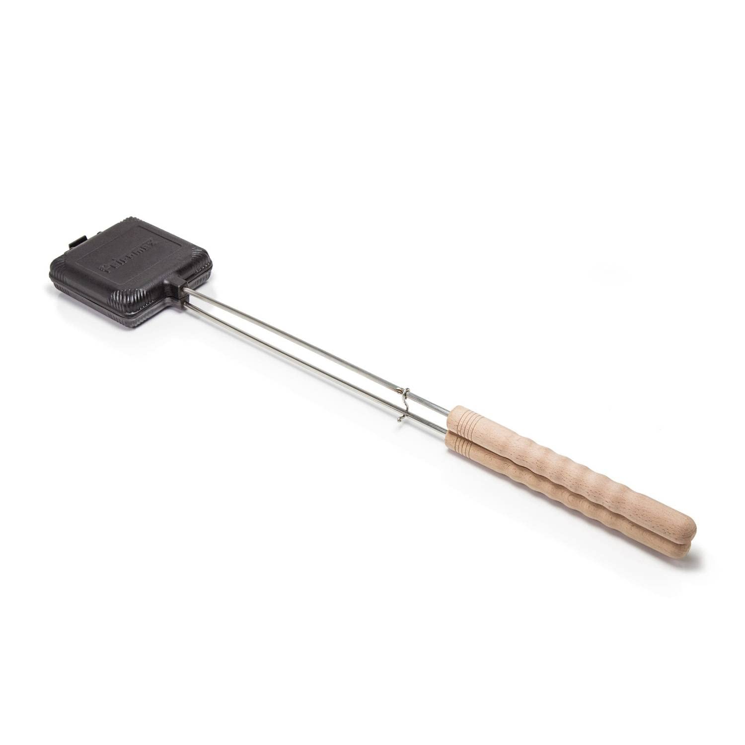 Petromax Hinged Cast Iron Sandwich Pie Iron for Campfire Cooking - Wooden Handles, Perfect for Outdoor Picnics, Camping & Backyard BBQs
