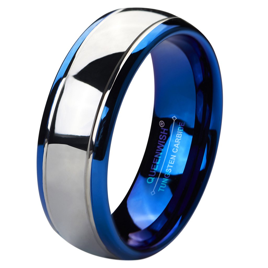 6mm & 8mm Blue Tungsten Carbide Wedding Bands for Men and Women - Silver Dome Engagement Rings for Couples - Perfect for Anniversaries, Proposals and Everyday Wear