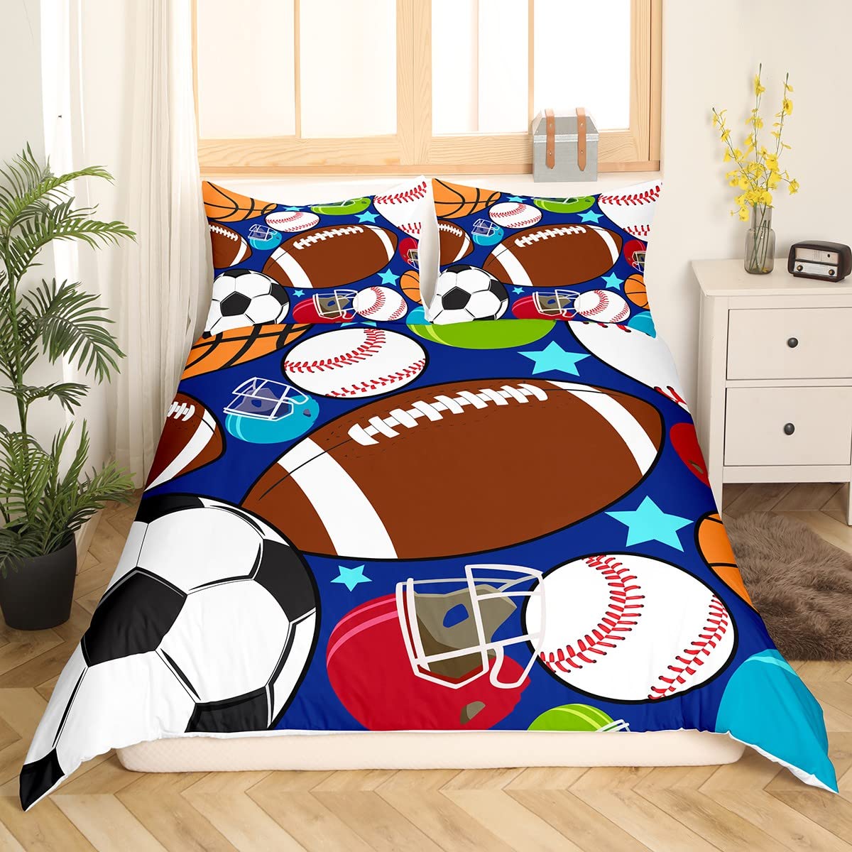 Feelyou Kids Sports Duvet Cover Set - Football Basketball Tennis Baseball Theme Bedding for Boys & Teens - Full Size Duvet Cover with 2 Pillowcases - Perfect for Sports Themed Bedrooms & Dorm Rooms