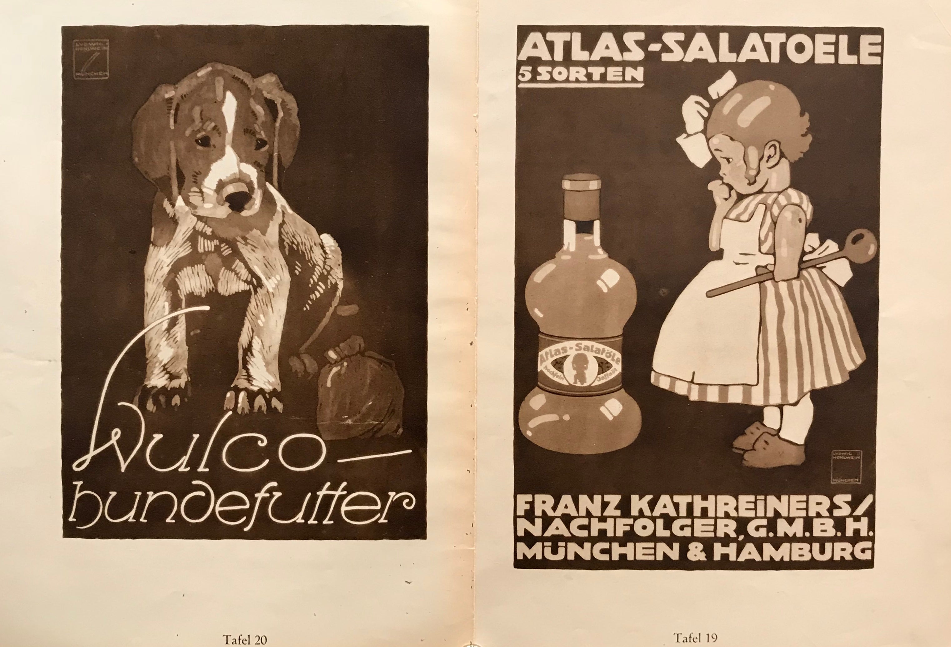 1926 Original German Double Sided Art Deco Poster - Wulco Dog Food (Hundefutter) & Atlas Salad Oil (Salatoele) - Vintage Home Decor, Office Wall Art, Collectible Memorabilia