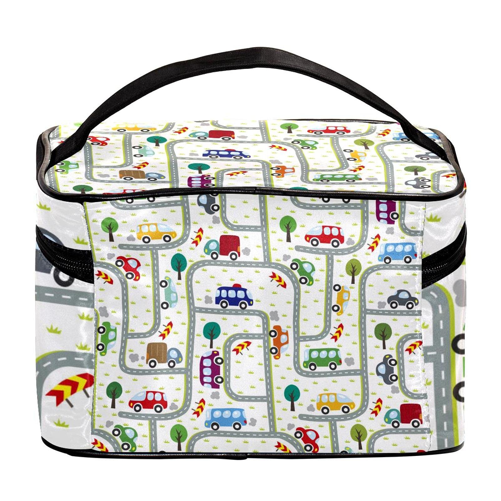 Cartoon Car Trucks and Roads Pattern Large Travel Makeup Bag - Waterproof Cosmetic Organizer Case with Zipper for Women & Girls - Perfect for Travel, Gym, School and Daily Use