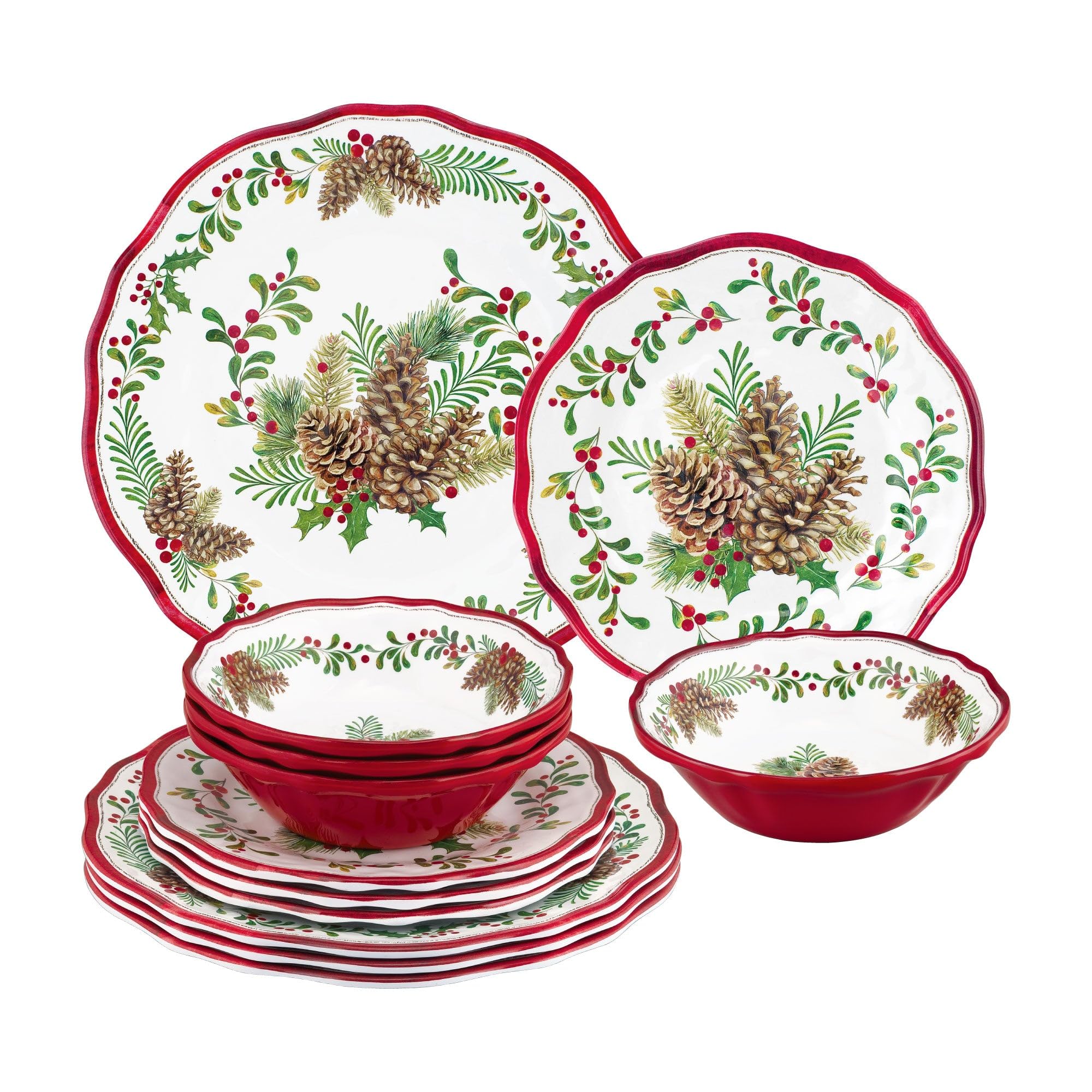 UPware 12-Piece Melamine Dinnerware Set - Pinecone Design Plates & Bowls for 4, Durable Outdoor Dishes, Christmas Tableware - Perfect for Picnics, Camping & Holiday Decorations