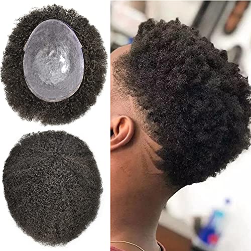 Men's Afro Curly Toupee Hair System - 100% Real Human Hair Replacement - 4MM/6MM/8MM/10MM Wave Wigs for Black Men - Jet Black #1 (8X10, Medium-Light to Medium Density) - Perfect for Daily Wear, Cosplay & Special Occasions