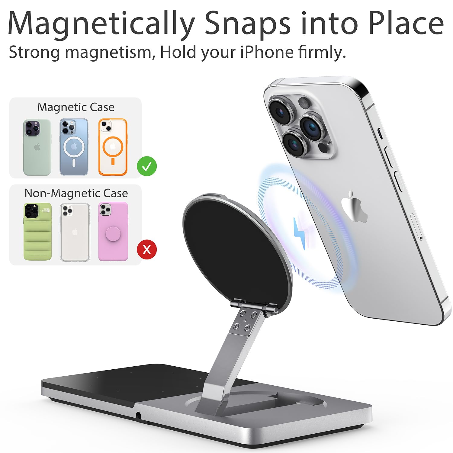 Magnetic Wireless Charging Stand for iPhone 16/15/14/13/12 & AirPods 3/2/Pro | 2-in-1 Mag-Safe Charger Station with Adapter | Fast Charging Dock for Apple Products | Perfect for Home, Office & Travel (Silver)