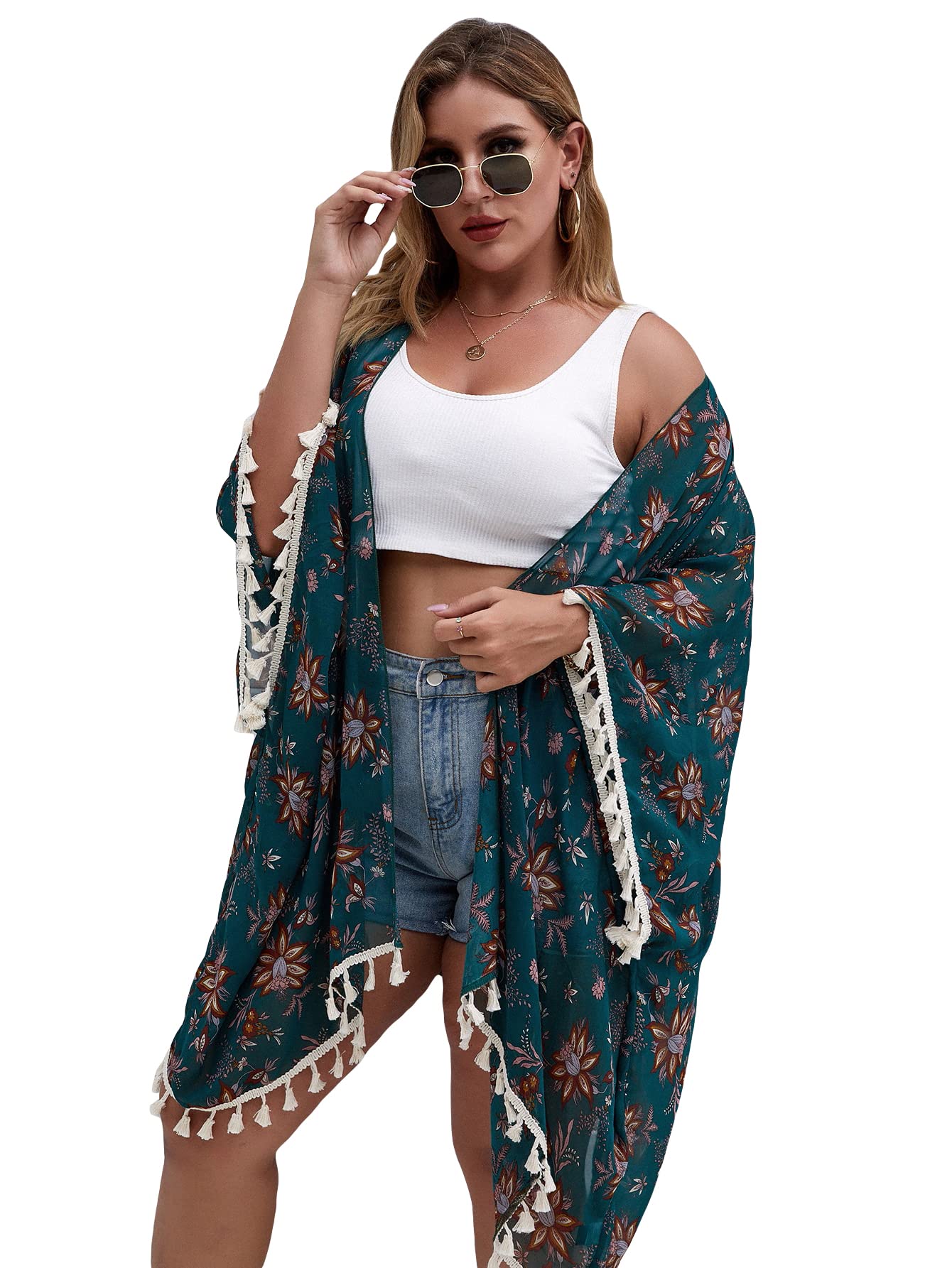 Romwe Women's Plus Size Floral Print Sheer Beach Swimsuit Cover Up Long Kimono - Lightweight Summer Beachwear for Poolside, Vacation & Boho Outfits