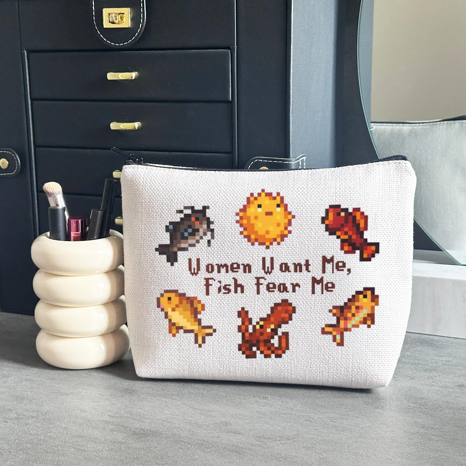 WCGXKO Valley Video Game Gift Bag for Women - Fish Fear Me Makeup Pouch for Gamer Gift Lovers - Perfect for Cosplay, Gaming Conventions & Travel Accessories