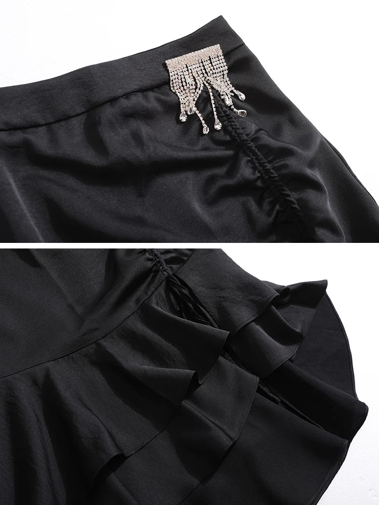 Black Patchwork Mesh Skirt for Women - High Waist Chain Tassel Loose Midi Skirt | Summer Fashion Clothing | Perfect for Parties, Dates & Casual Outfits