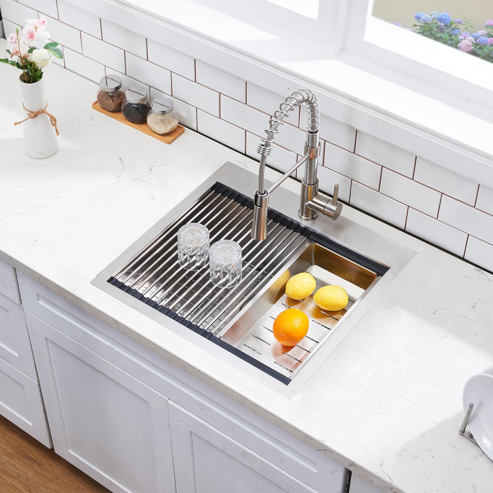SHACO 21 Inch Drop-In Stainless Steel Kitchen Sink - 21x20 Inch Single Bowl Top Mount Sink for RV, Outdoor, Laundry & Wet Prep Workstation with Accessories | Perfect for Small Kitchens, Camper Vans & Utility Rooms