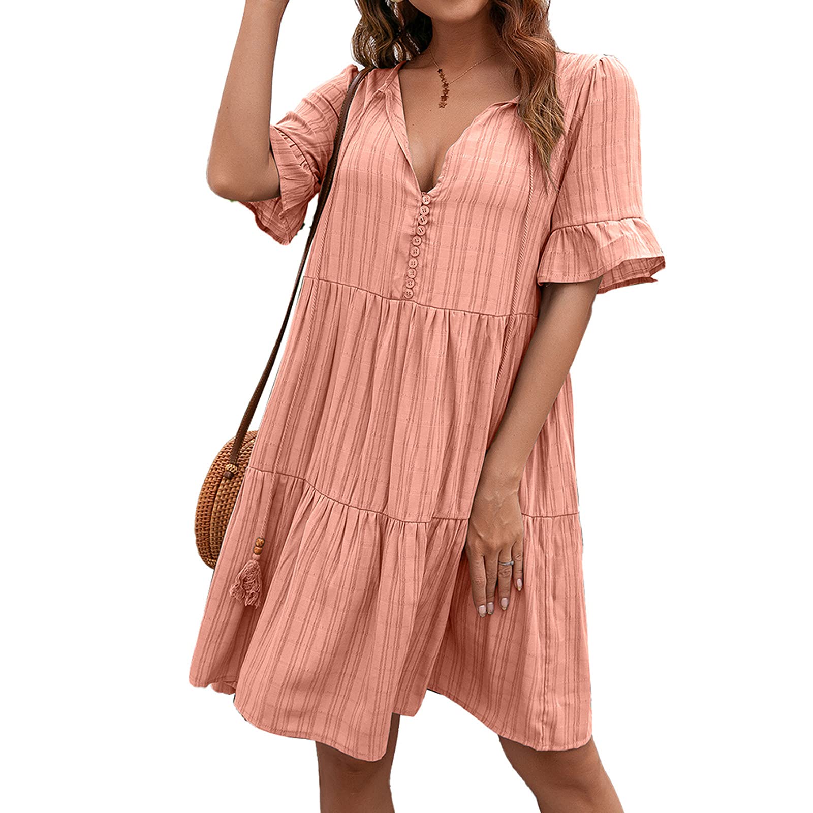 Women's Summer Boho Dress - V Neck Short Sleeve Loose Tunic Midi Dress for Casual Streetwear | Perfect for Beach Outings, Music Festivals, and Everyday Comfort