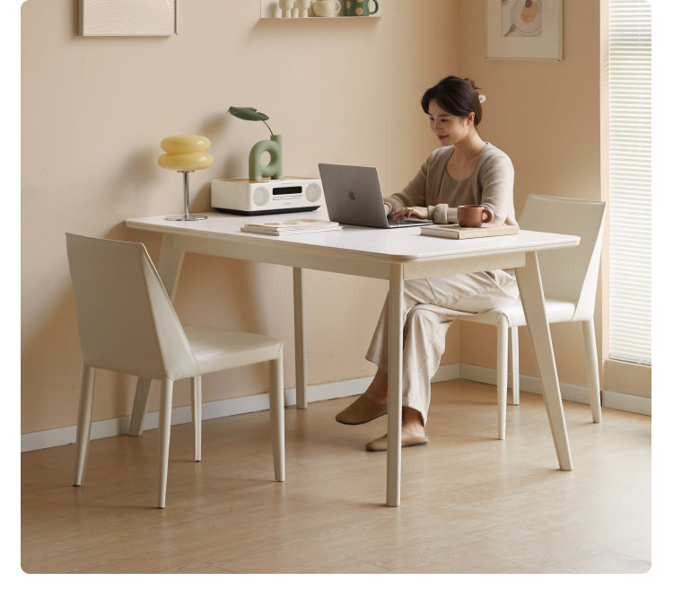 Birch Solid Wood Dining Table - Cream Wind White Finish - Modern Farmhouse Style for Kitchen, Dining Room & Small Spaces