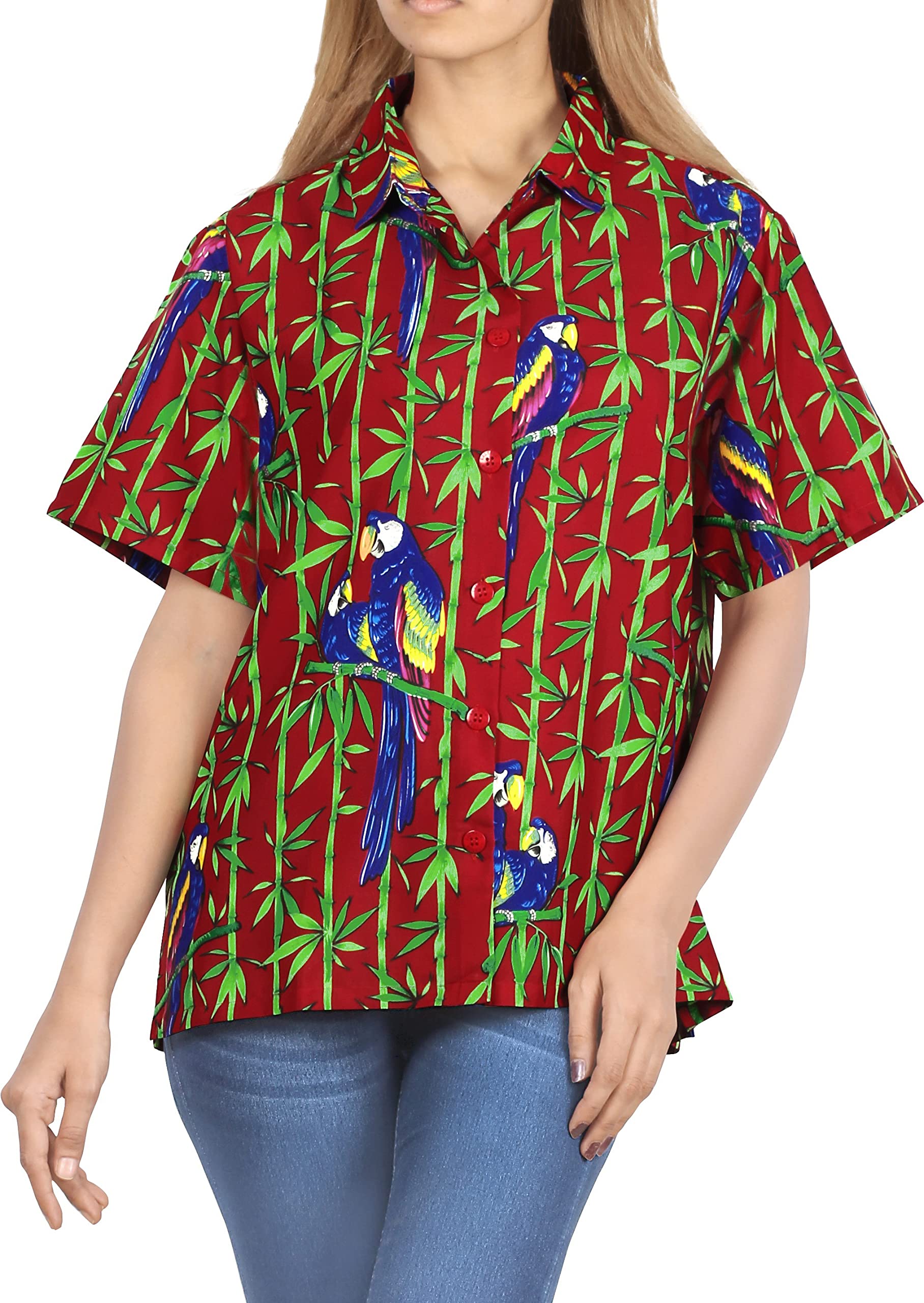LA LEELA Women's Funny Short Sleeve Hawaiian Shirt - Tropical Vacation & Summer Beach Party Top - Perfect for Luau, Cruise, and Casual Outings