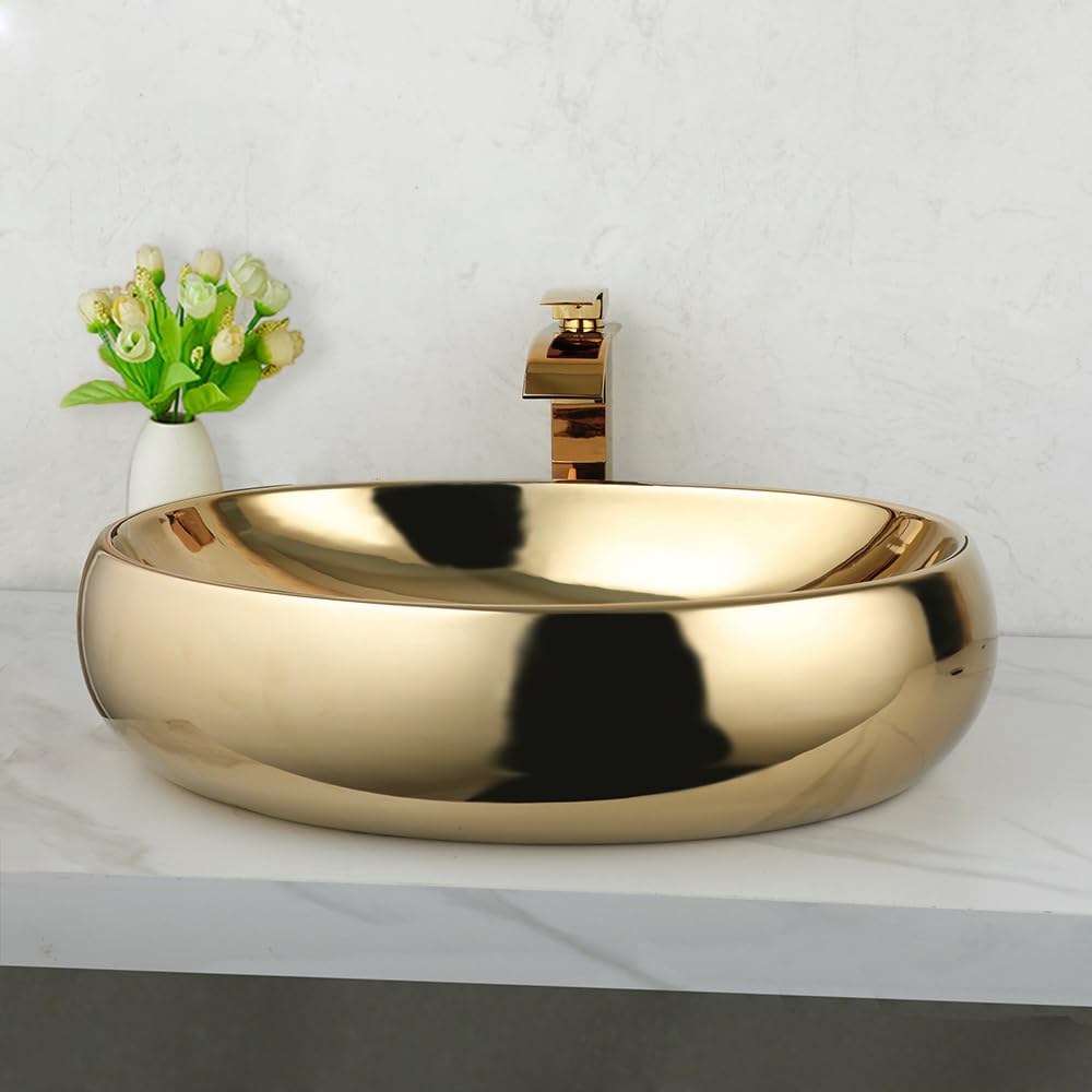 23 Inch Gold Ceramic Vessel Sink with Waterfall Faucet & Pop-Up Drain - Modern Oval Bathroom Sink Basin for Above Counter Installation - Perfect for Spa, Master Bath & Luxury Home Decor