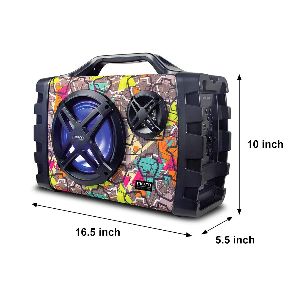 Portable Wireless Bluetooth Speaker with Extra Bass - NEM Mobi7e High Performance Stereo, USB Recording, Rechargeable Battery, AUX/TF Card Input, FM Radio, MP3 Playback, Mic & Guitar Input, LED Lights (Graffiti) - Perfect for Outdoor Parties, Home Use, Travel & Camping
