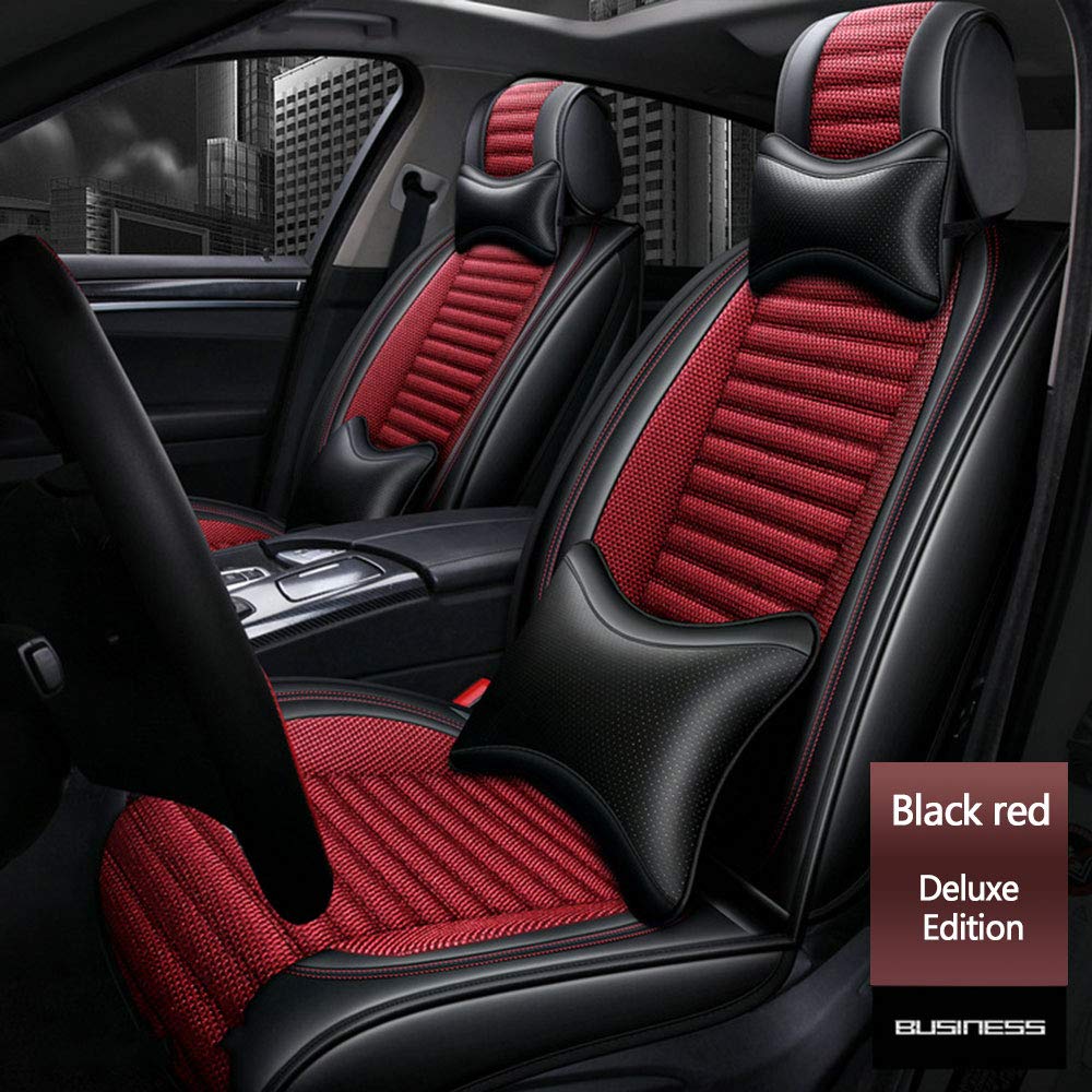 Premium Linen Car Seat Covers Full Set - Breathable & Adjustable Interior Accessories for 5-Seater SUV & Trucks (Black/Red) | Perfect for Daily Commute, Road Trips & Family Travel