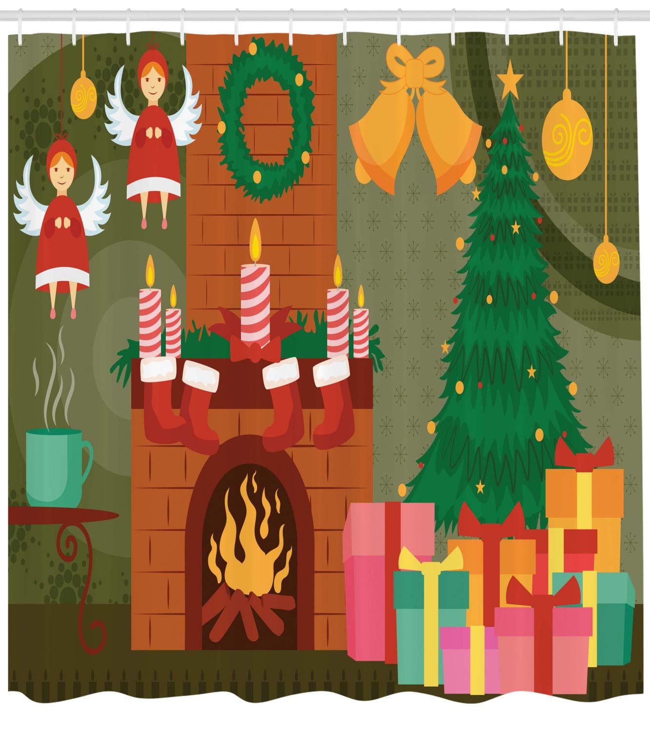 Ambesonne Christmas Fireplace Shower Curtain - Sweet Cartoonish Holiday Design with Tree, Gifts & Stockings - 105