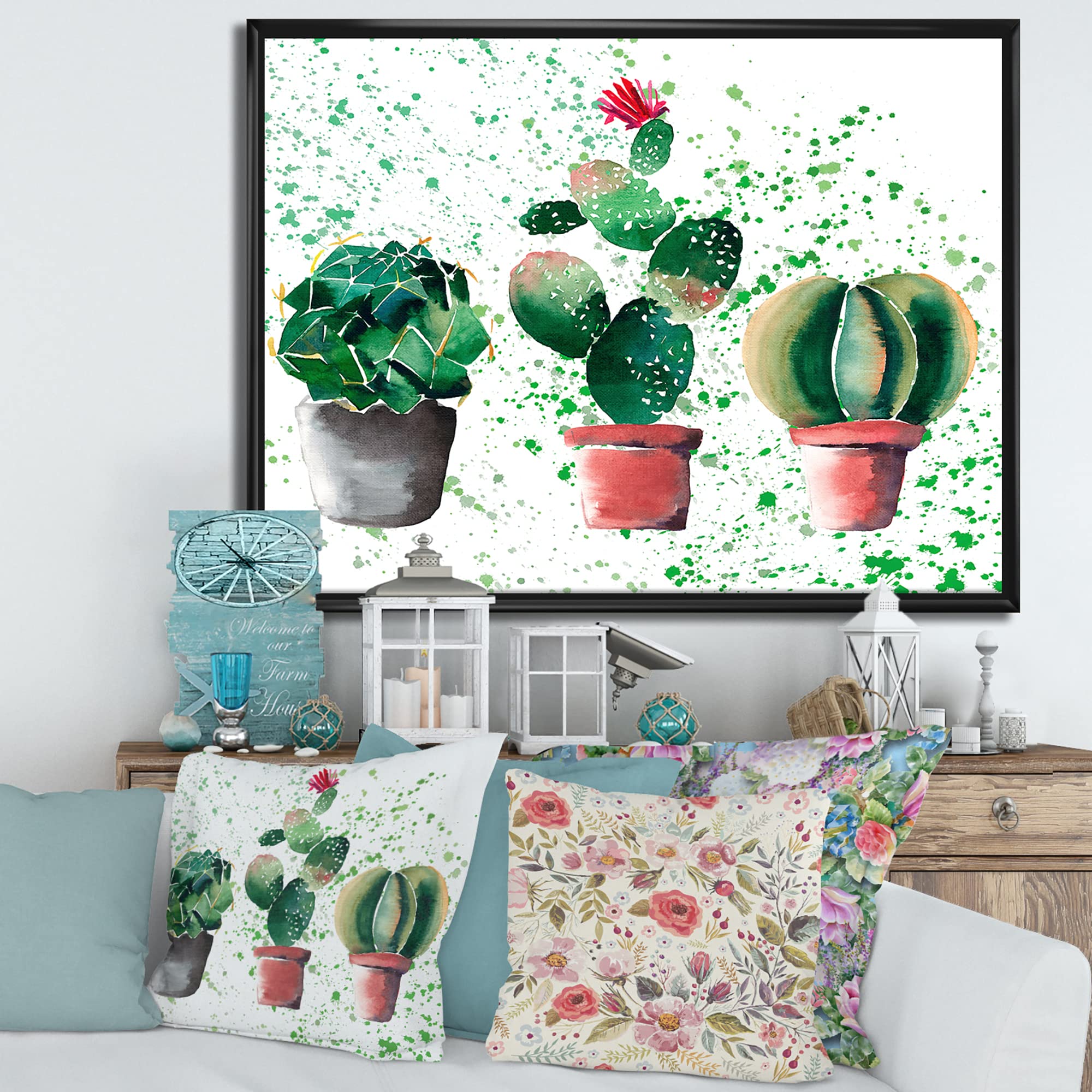 DesignQ Three Cacti In Clay Pots - Traditional Framed Canvas Wall Art Print for Home & Office Decor | Perfect for Living Room, Bedroom, Kitchen Wall Decoration