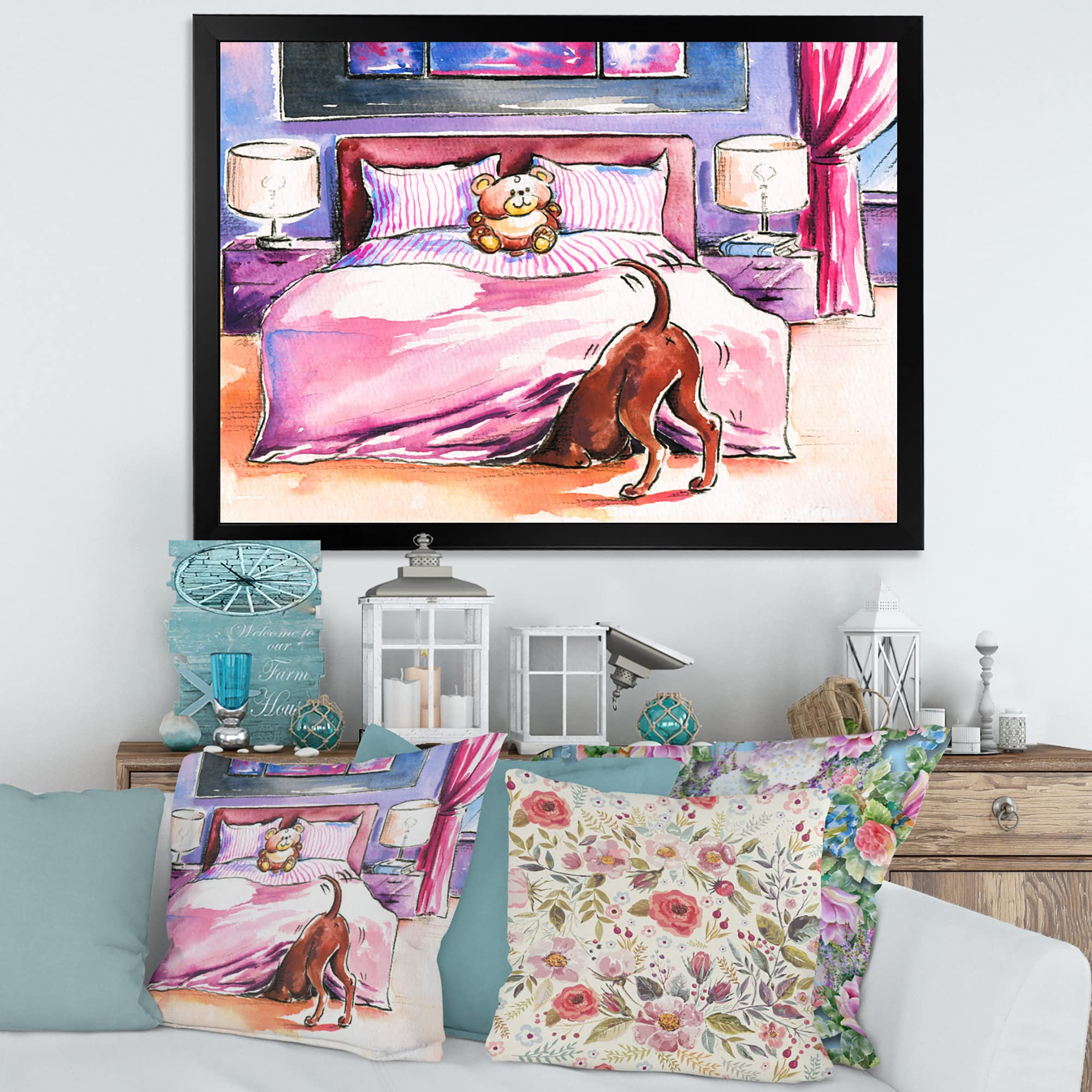 Rustic Brown Dog Peeking Under Bed Farmhouse Framed Wall Art - Perfect for Living Room, Bedroom & Pet Lover Home Decor