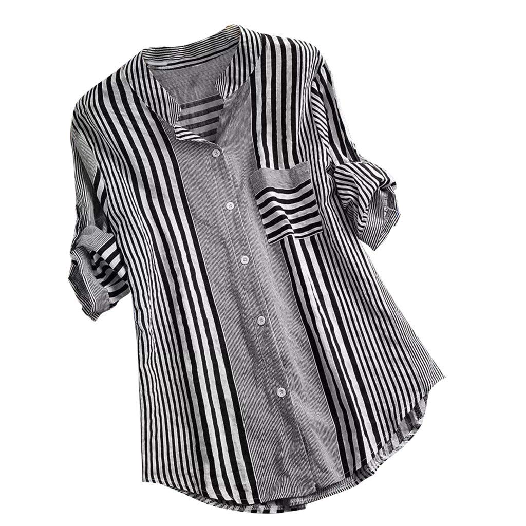 Women's Casual Button Down V-Neck Blouse with Roll-Up Cuffed Sleeves & Pockets - Loose Fit Striped Summer Shirt Tops for Office, Beach & Everyday Wear