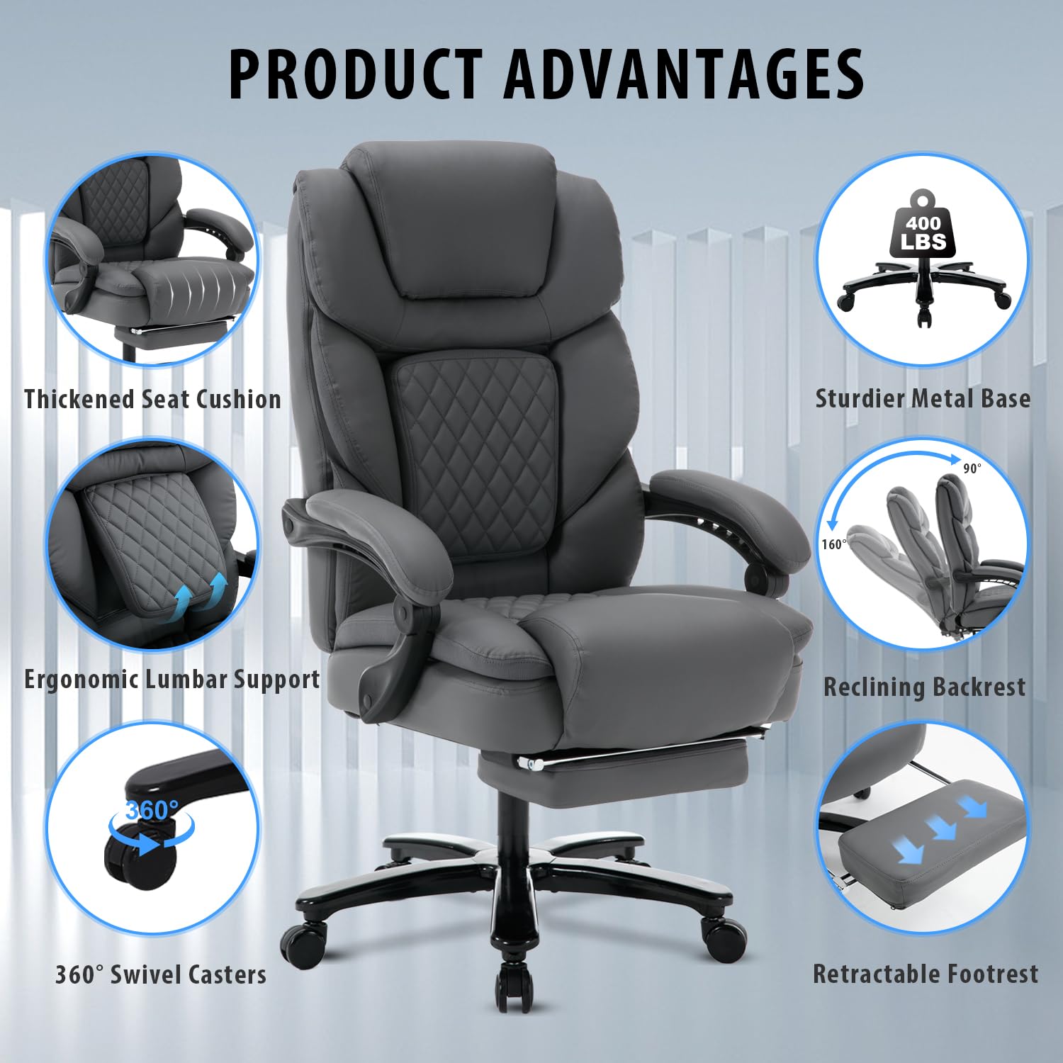 450lbs Heavy Duty Big & Tall Office Chair with Footrest - Ergonomic Reclining Leather Executive Desk Chair, Wide Seat for Back Support - Plus Size Managerial Chair in Gray - Perfect for Home Office, Gaming & Conference Rooms