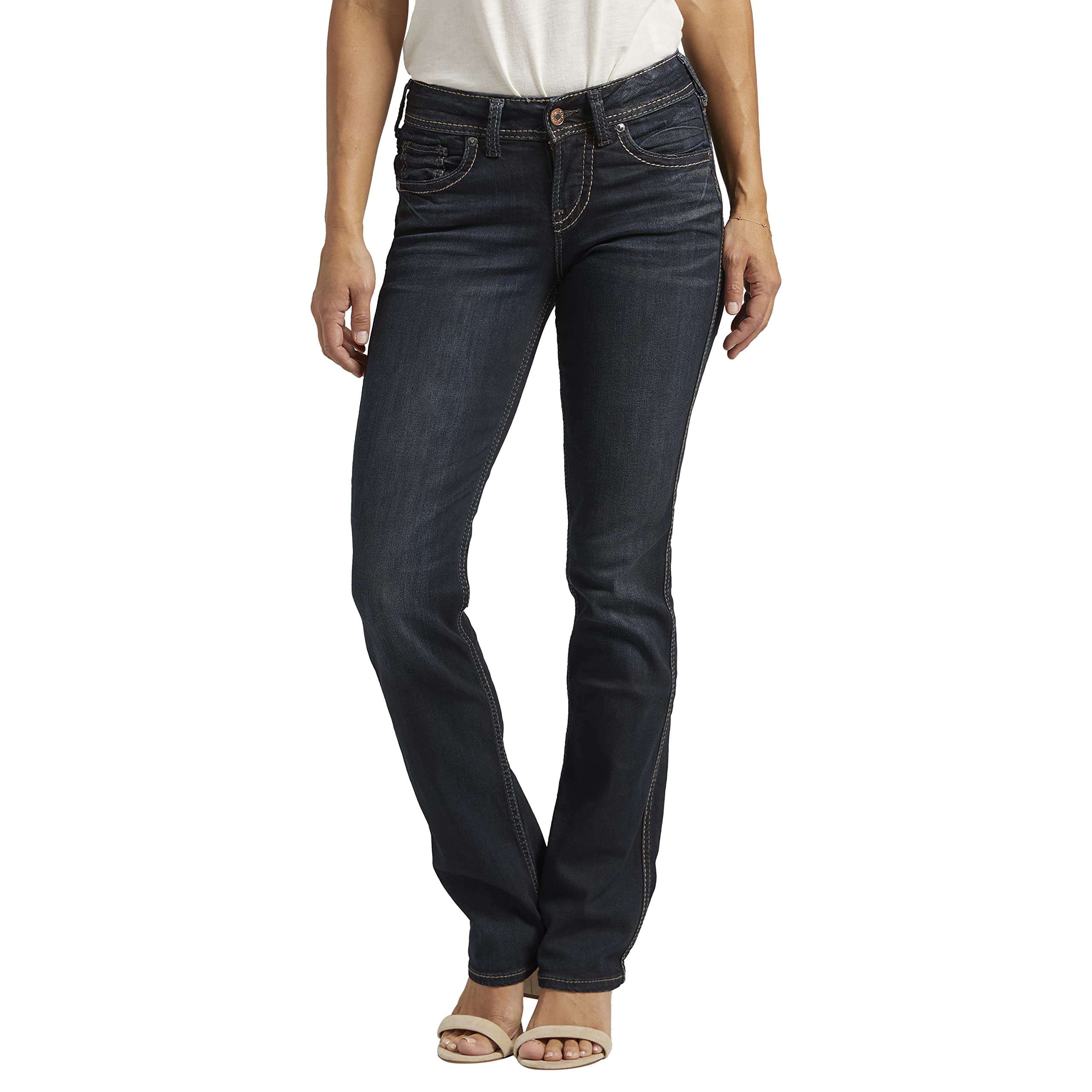 Silver Jeans Co. Women's Suki Mid Rise Slim Bootcut Jeans - Comfortable Stretch Denim Pants for Casual Wear & Night Out