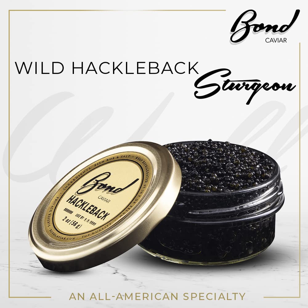 Premium Bond American Hackleback Caviar - Gourmet Black Sturgeon Roe, Small Pearl Caviar with Malossol Sea Salt - 2oz (56g) Glass Jar - Luxury Gift for Weddings, Fine Dining & Special Occasions