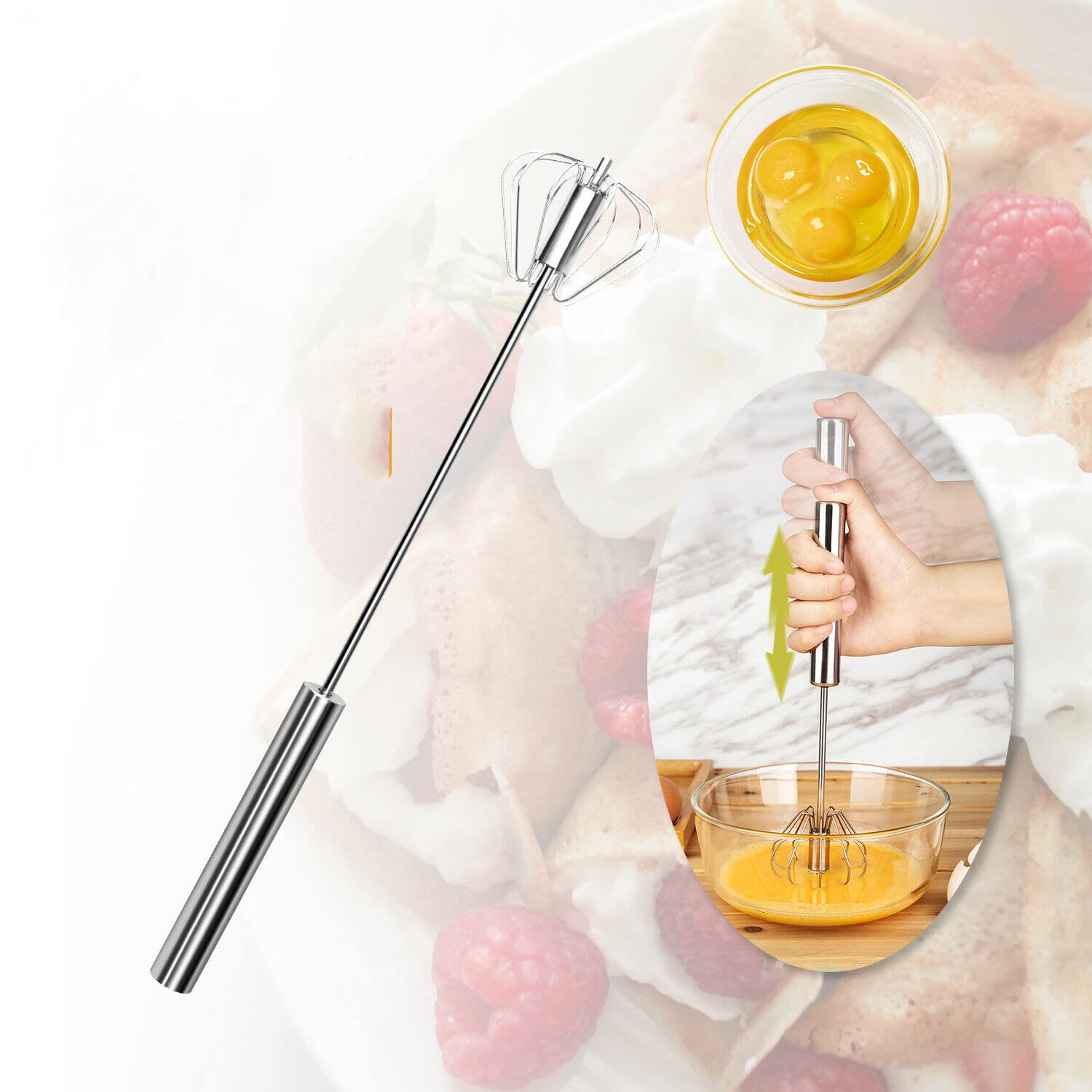 Stainless Steel Semi-Automatic Hand Push Egg Whisk - 10 Inch Egg Beater & Blender Mixer for Baking, Cooking, and Whipping Cream | Perfect for Home Kitchen & Professional Use