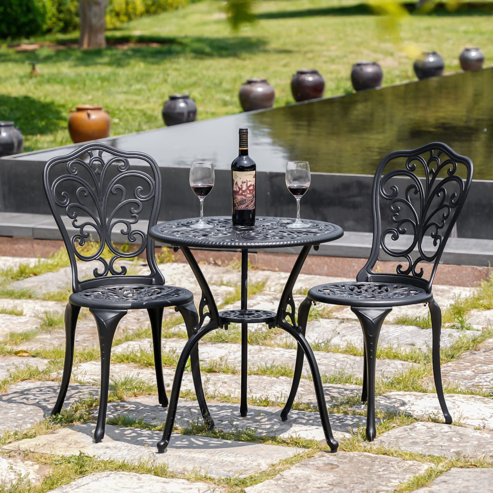 3-Piece Outdoor Bistro Set - Durable Cast Aluminum Patio Table & 2 Chairs - Black Small Porch Furniture for Garden, Balcony & Backyard Relaxation