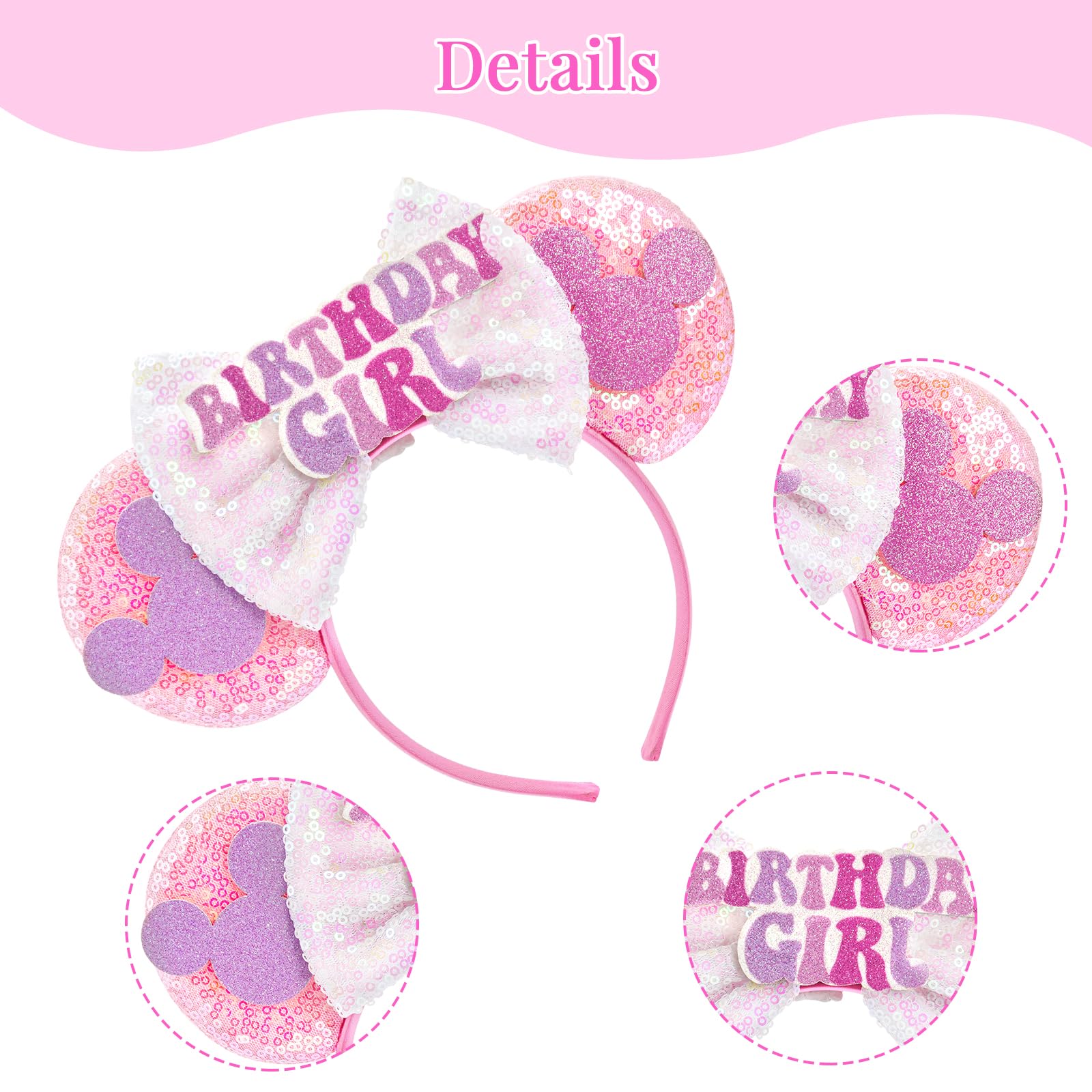 Pink Birthday Mouse Ears Headband for Women & Girls - Cute Birthday Party Hair Accessories & Decorations - Perfect for Disney Trips, Birthday Celebrations & Themed Parties