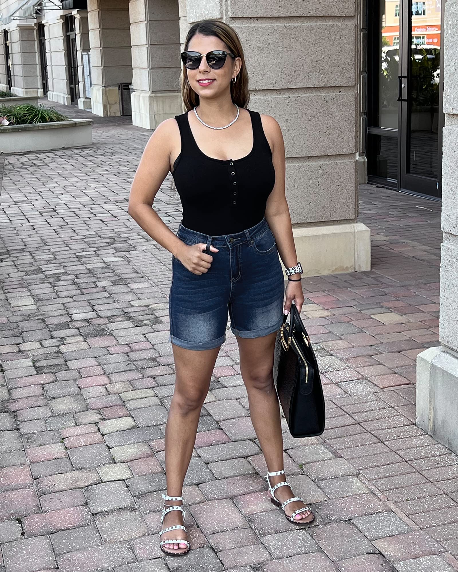 Stylish Women's High Waisted Distressed Denim Shorts - Stretchy Folded Hem Casual Jean Shorts for Summer Outfits, Beach Vacations & Streetwear Fashion